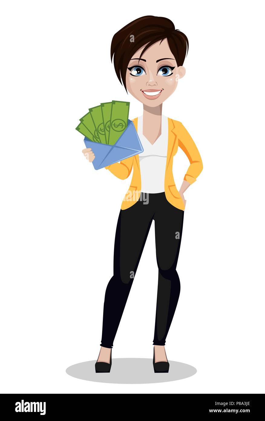 Femme d'affaires, freelancer, banquier. Belle Dame dans les tenues de tenir l'enveloppe avec l'argent. Vector illustration sur fond blanc. Illustration de Vecteur