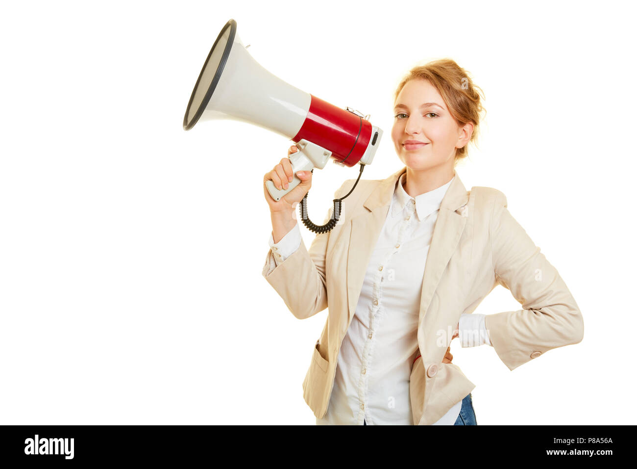 Confiante young businesswoman with megaphone demande à son téléphone Banque D'Images