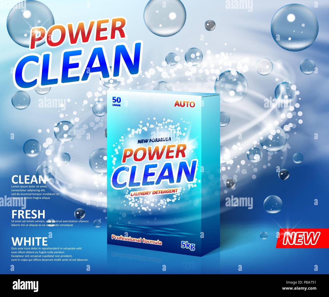 Lessive en poudre affiche publicitaire. Poudre à laver en carton Emballage modèle d'étiquette avec des bulles de savon. Nettoyant détachant design pour salle de bains. Vector illustration Illustration de Vecteur