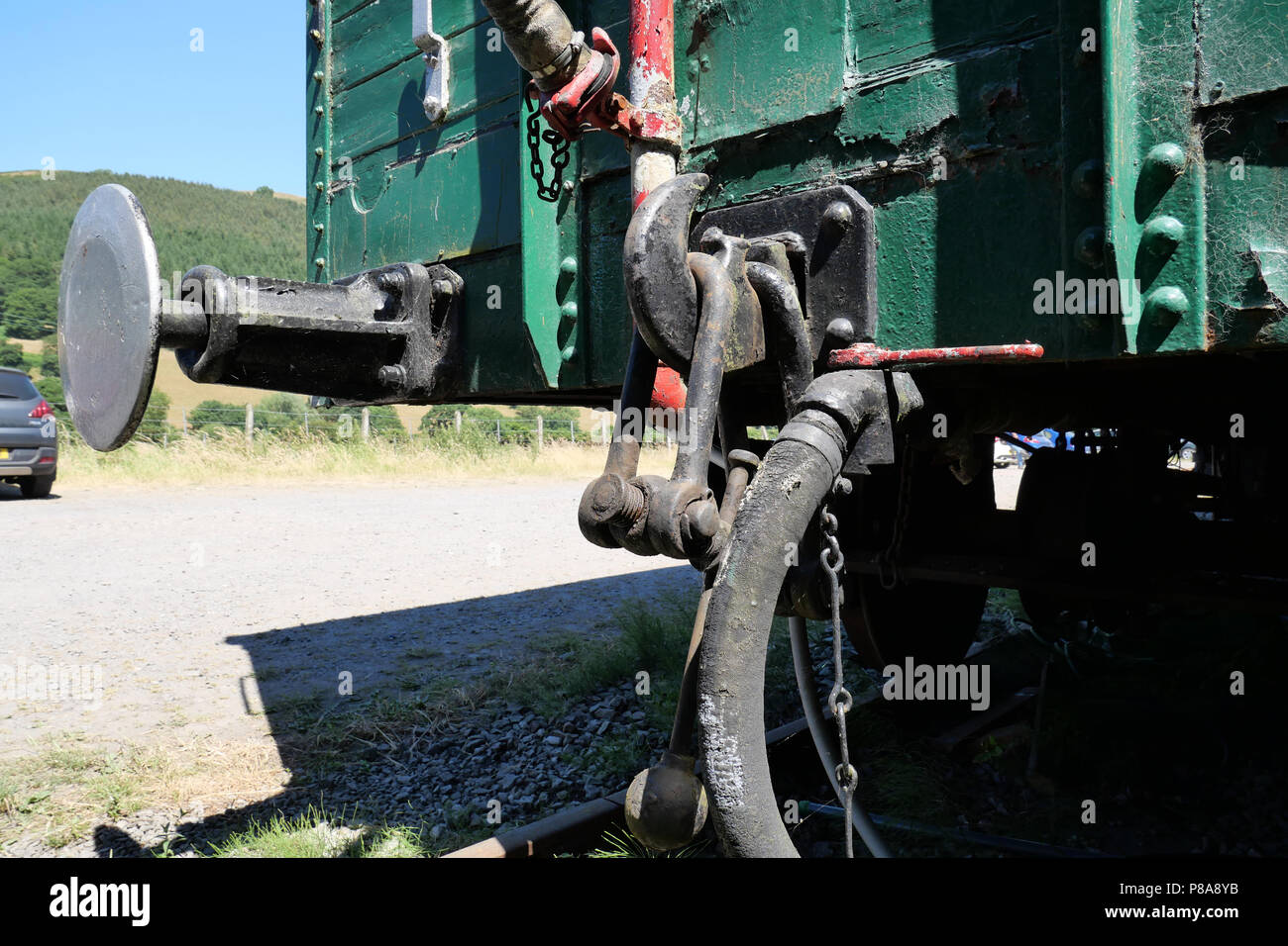 Couplage train sur un wagon de marchandises. Carrog, Pays de Galles, Royaume-Uni. 03 juillet 2018 - Banque D'Images
