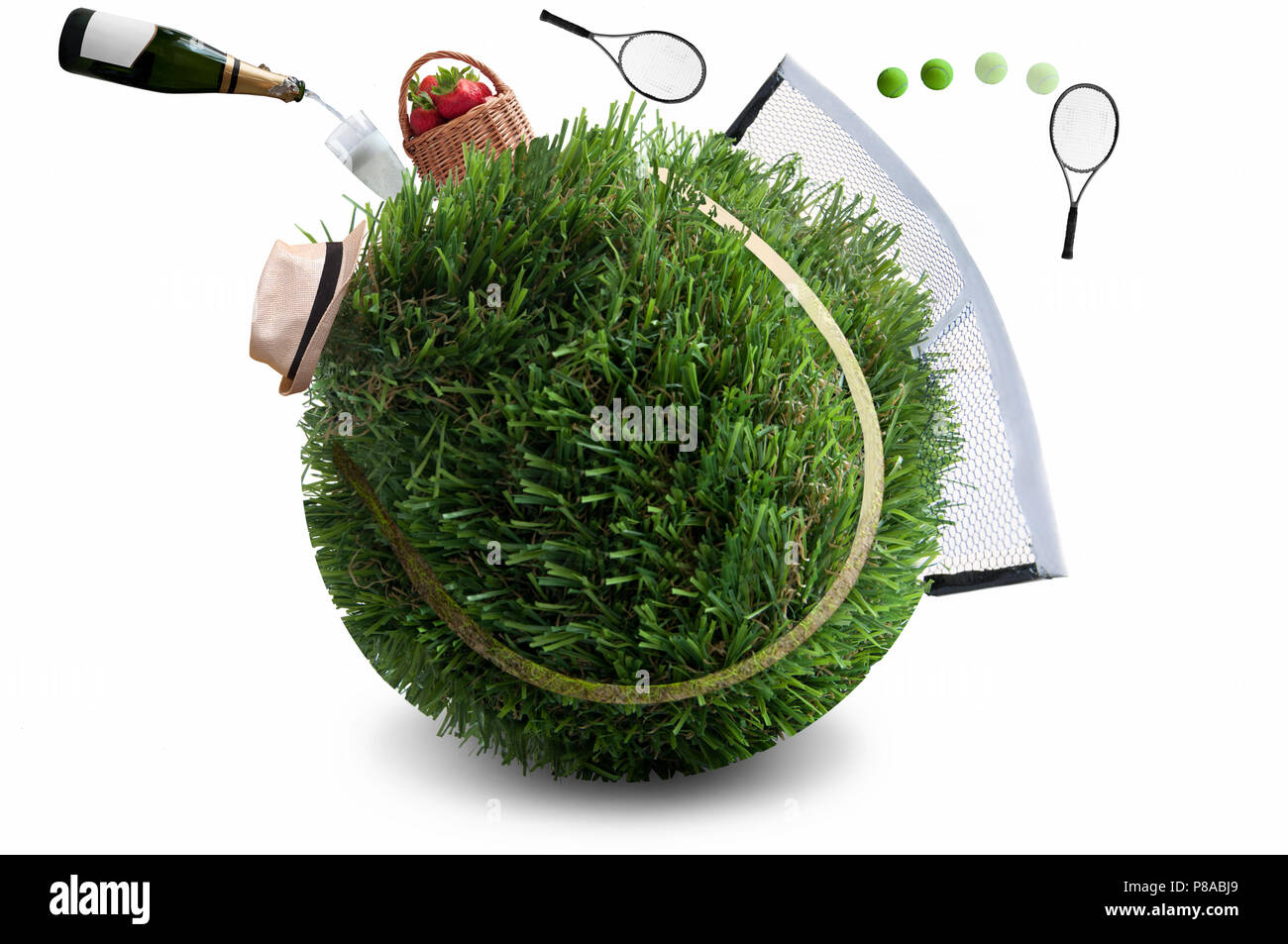 Balle de tennis fait à partir de l'herbe avec net et jeu, champagne et fraises Banque D'Images