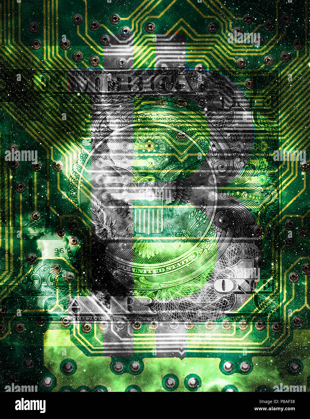 Concept cryptocurrency Bitcoin, collage graphique dans l'espace cosmique effet dollar. Banque D'Images