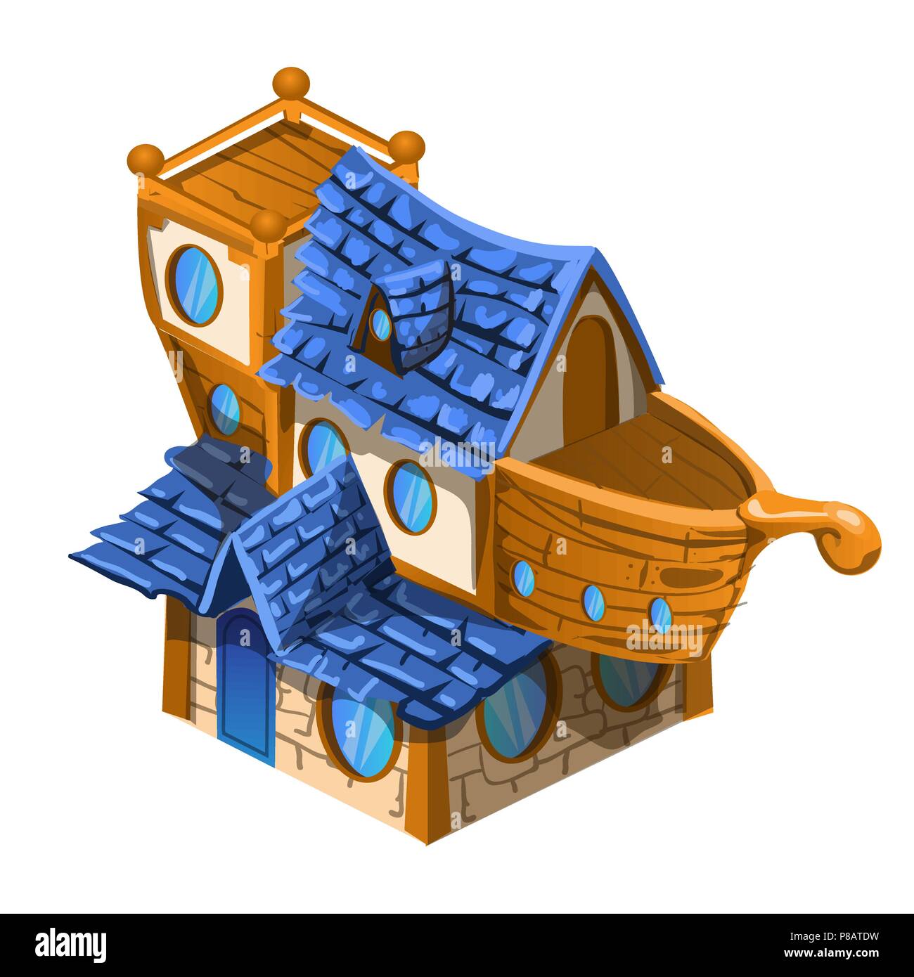 Maison de jouets de couleur marron et bleu dans le style du navire isolé sur fond blanc. Cartoon Vector illustration close-up. Illustration de Vecteur