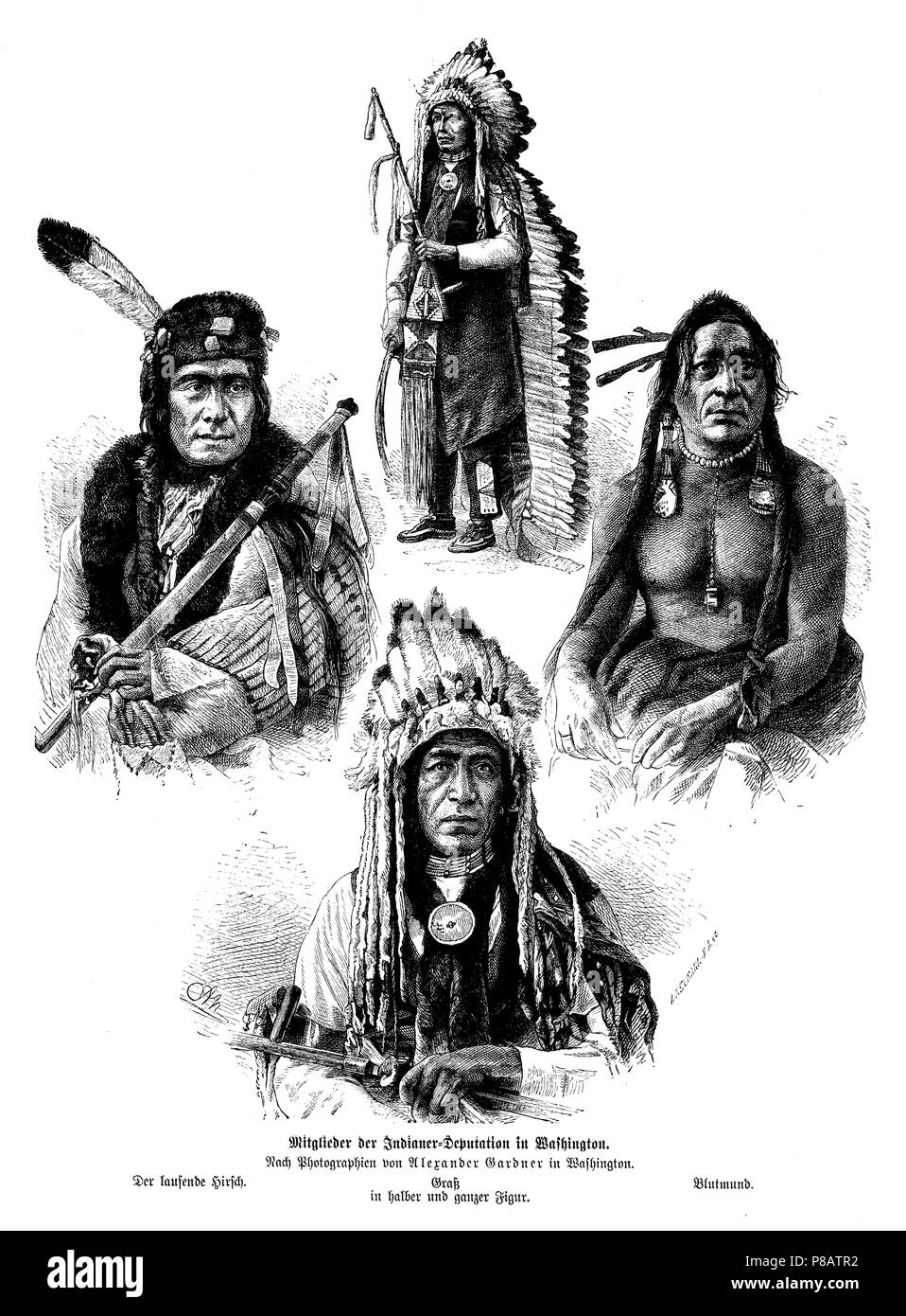Les membres de la délégation indienne à Washington. L'exécution de stag (gauche), herbe (milieu, haut et bas), le sang de la bouche (à droite). Après des photographies d'Alexander Gardner à Washington, UN Neumann und A N Banque D'Images
