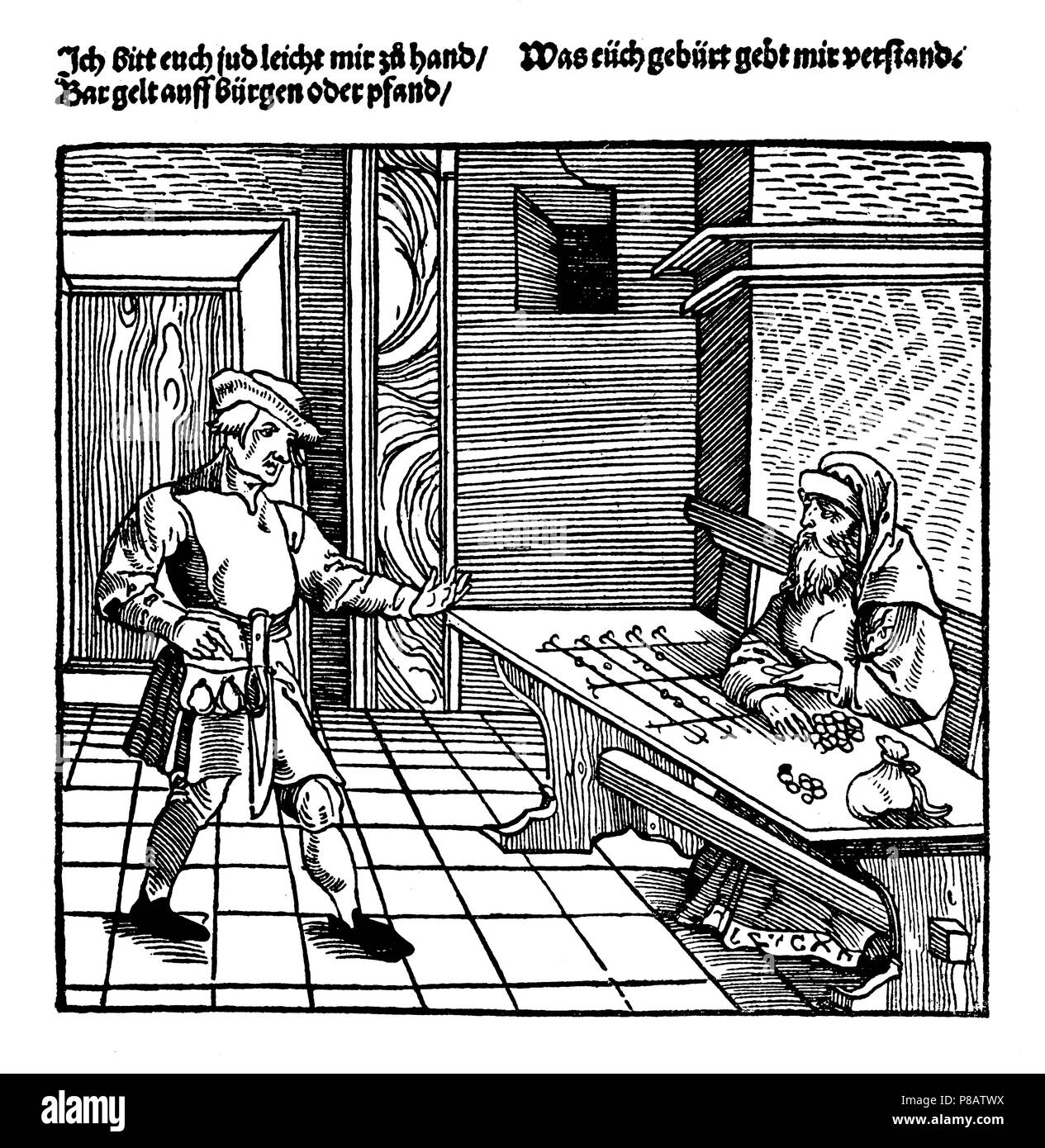 Farmer et Juif prêteur d'argent. Le prêteur se trouve en face d'un panneau. Après une gravure sur bois d'Augsbourg à partir de l'an 1531, 1923 Banque D'Images
