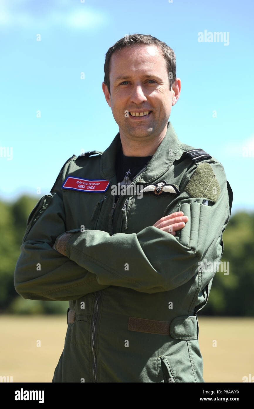 Le chef d'escadron Mike Enfant à RAF Cranwell, dans le Lincolnshire, lors d'une répétition pour la Royal Air Force pour le survol du centenaire sur le palais de Buckingham dans le centre de Londres le 10 juillet. Banque D'Images