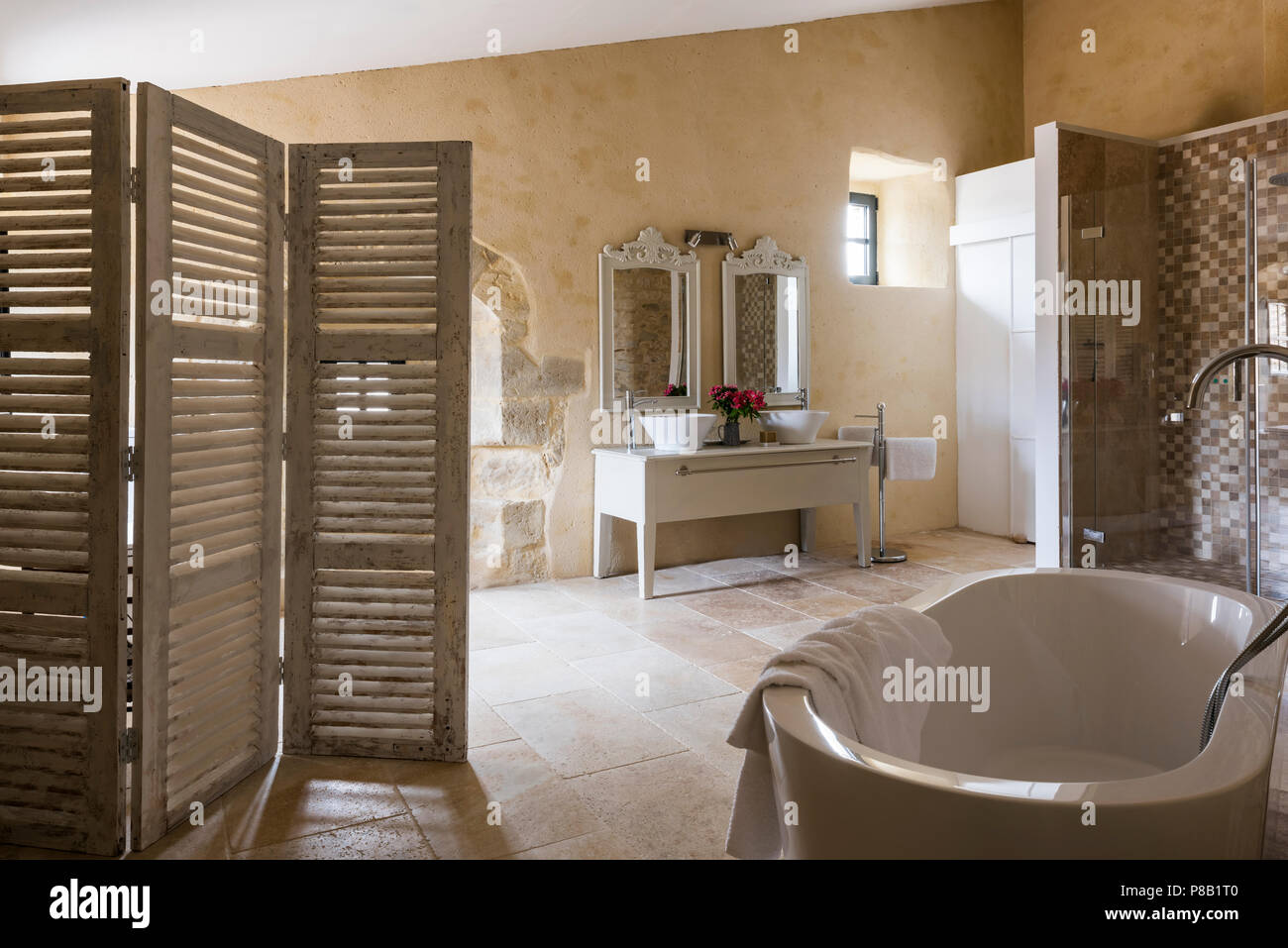Volet peint sur écran dans une salle de bains privative avec baignoire sur pieds Banque D'Images