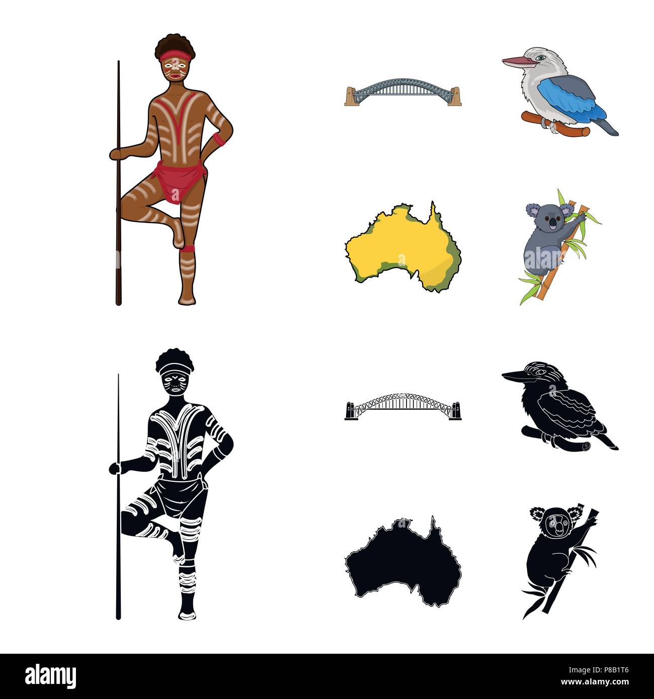 Avec une lance, aborigène de Sydney Harbour Bridge, kookabarra sur une branche, le territoire du pays.L'Australie collection set icônes de cartoon,black sty Illustration de Vecteur