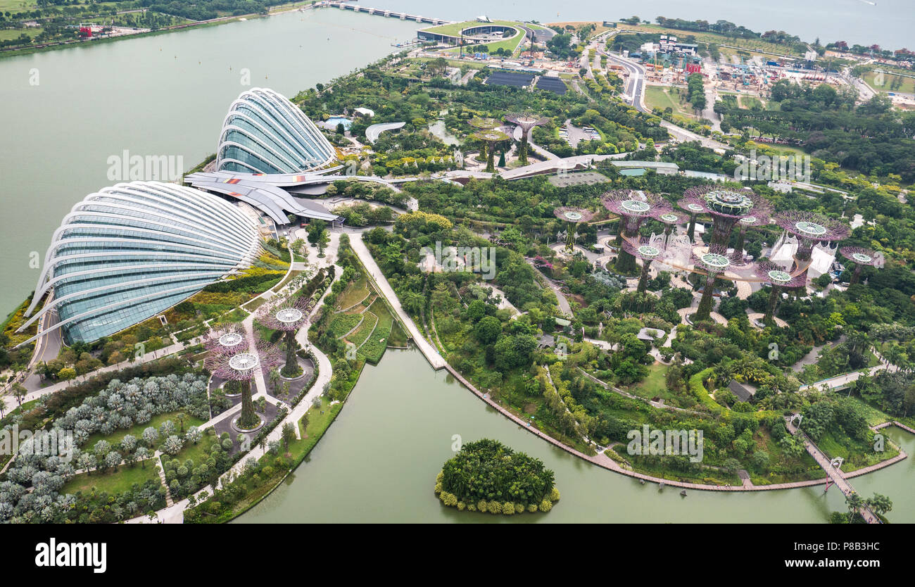 Gardens by the Bay Singapour Vue aérienne de jour. Forêt de Fleurs et dômes avec Supertrees. Banque D'Images