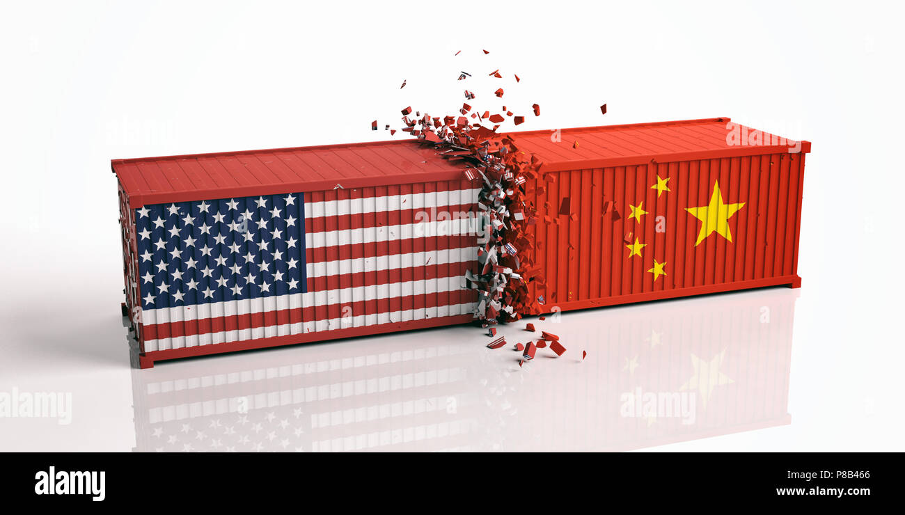 USA et Chine guerre commerciale. US d'Amérique et des drapeaux chinois crashed conteneurs isolé sur fond blanc. 3d illustration Banque D'Images