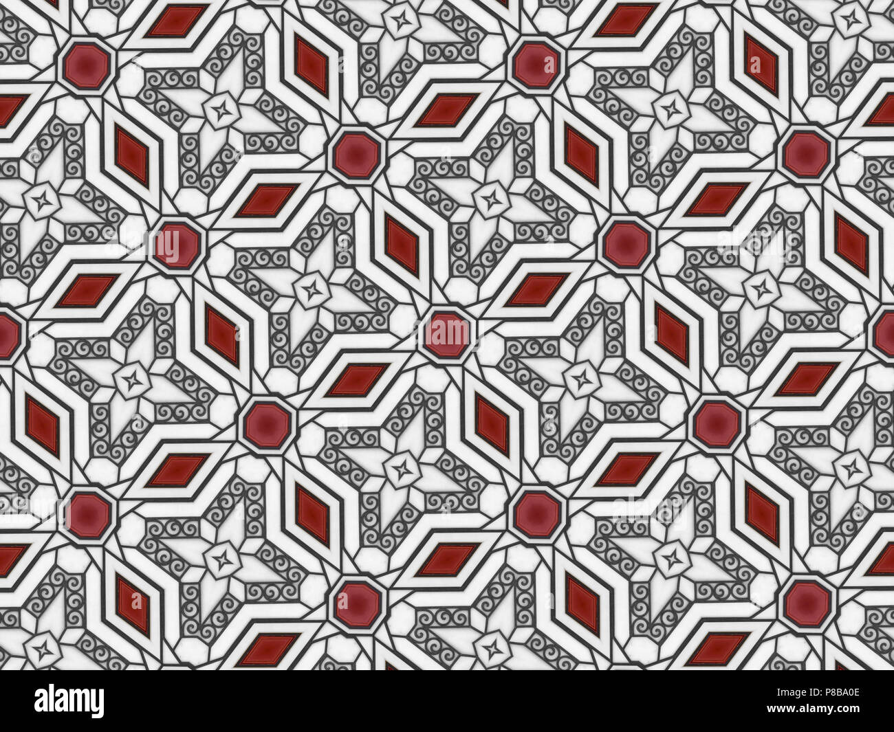 Un élégant motif géométrique avec crimson rhombus résumé des formes en spirale et des étoiles. Banque D'Images