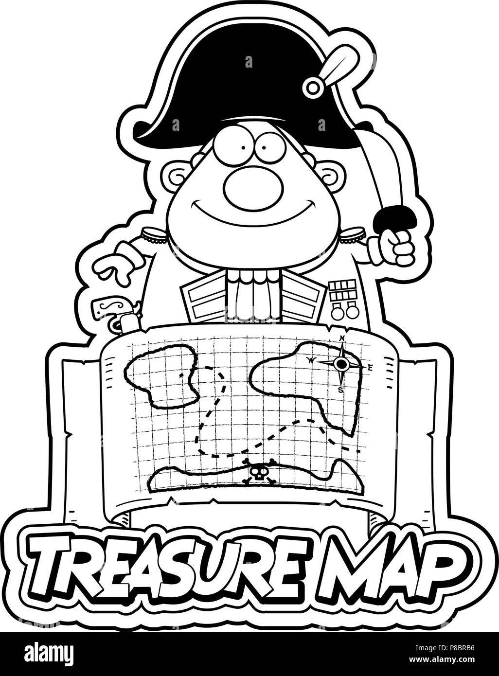 Un cartoon illustration d'un amiral britannique avec une carte au trésor la carte au trésor et de texte. Illustration de Vecteur