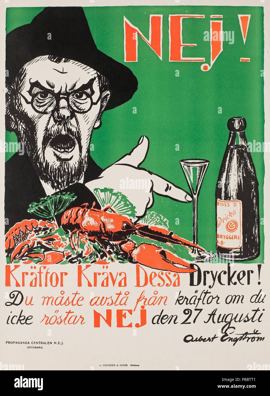 Non ! Les écrevisses ont besoin de ces boissons !. Anti-prohibitionniste suédois de l'affiche. Musée : collection privée. Banque D'Images