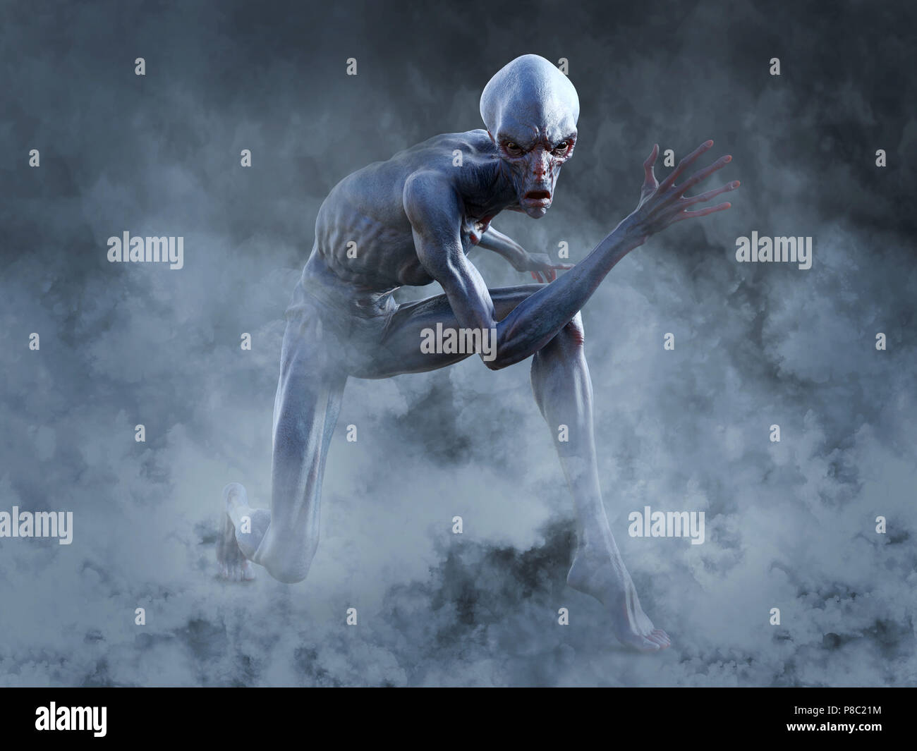 Portrait d'une créature extraterrestre et accroupie à très en colère, prêt à attaquer, rendu 3D. Il est entouré par la fumée ou le brouillard. Banque D'Images