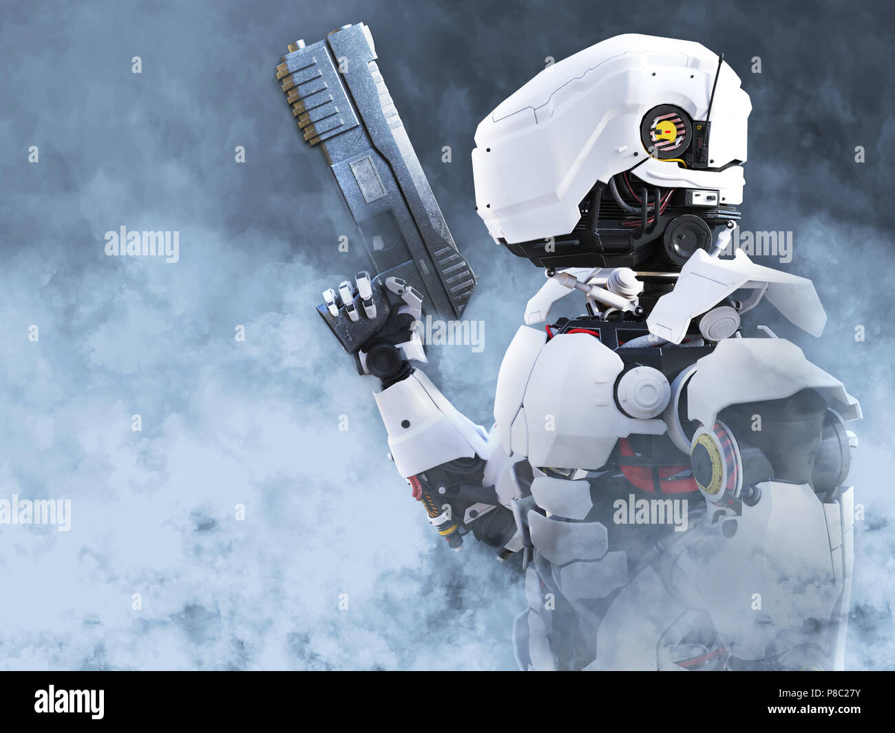 Le rendu 3D d'un robot ou d'un soldat de la police futuriste tenant un pistolet entouré par la fumée. Banque D'Images