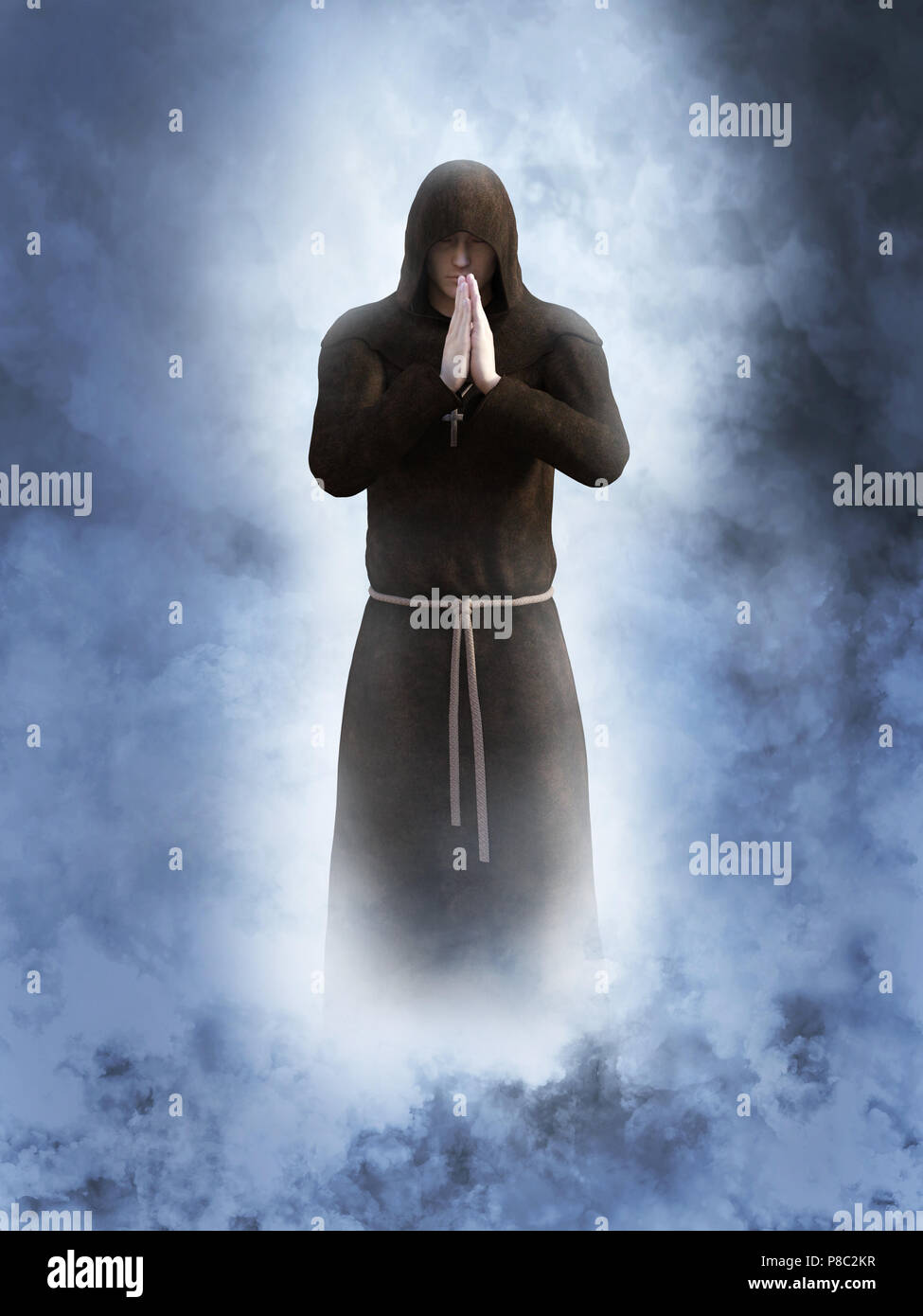 Le rendu 3D d'un moine chrétien priant avec ses mains ensemble. Il est entouré par la fumée ou les nuages comme c'est un rêve ou dans le ciel. Banque D'Images
