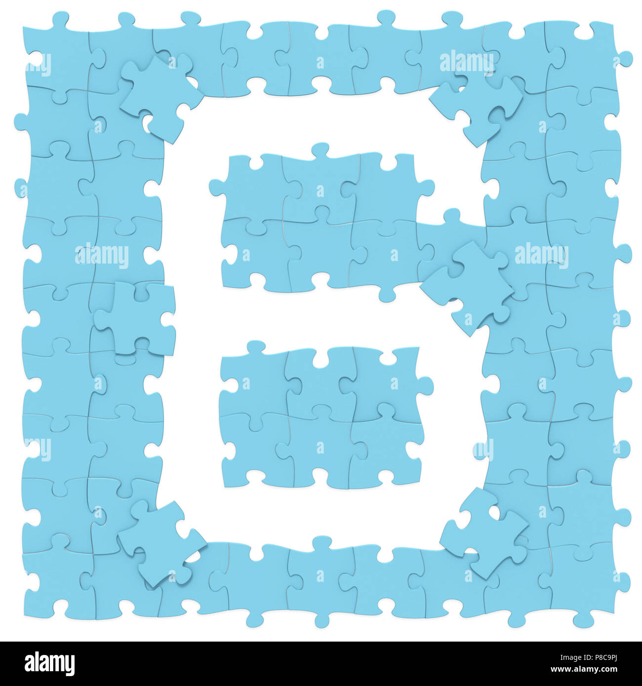 Jigsaw puzzles bleu assemblés comme chiffre mathématique 6 ou 6 sur fond blanc, puzzle carte est peut-être connecté sans couture le long des frontières, rendu 3D Banque D'Images
