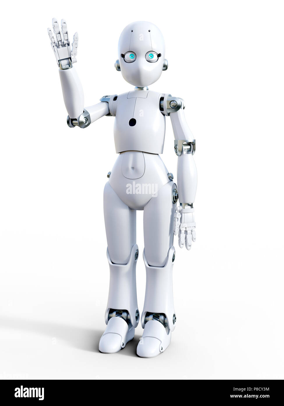 Le rendu 3D d'un robot de dessin animé sympa blanc forme bonjour. Arrière-plan blanc. Banque D'Images