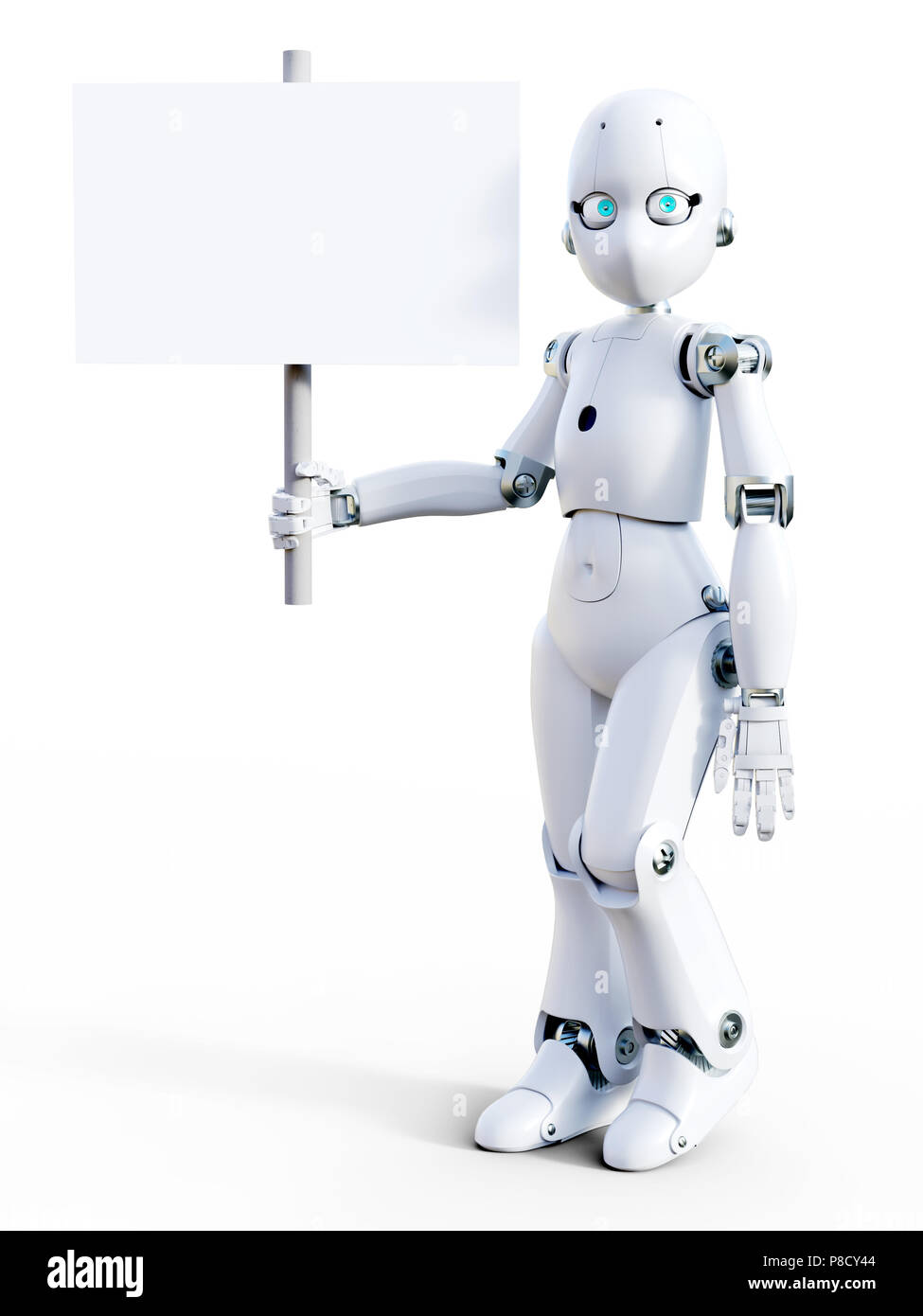 Le rendu 3D d'un robot de dessin animé sympa blanc holding a blank sign dans sa main. Arrière-plan blanc. Banque D'Images