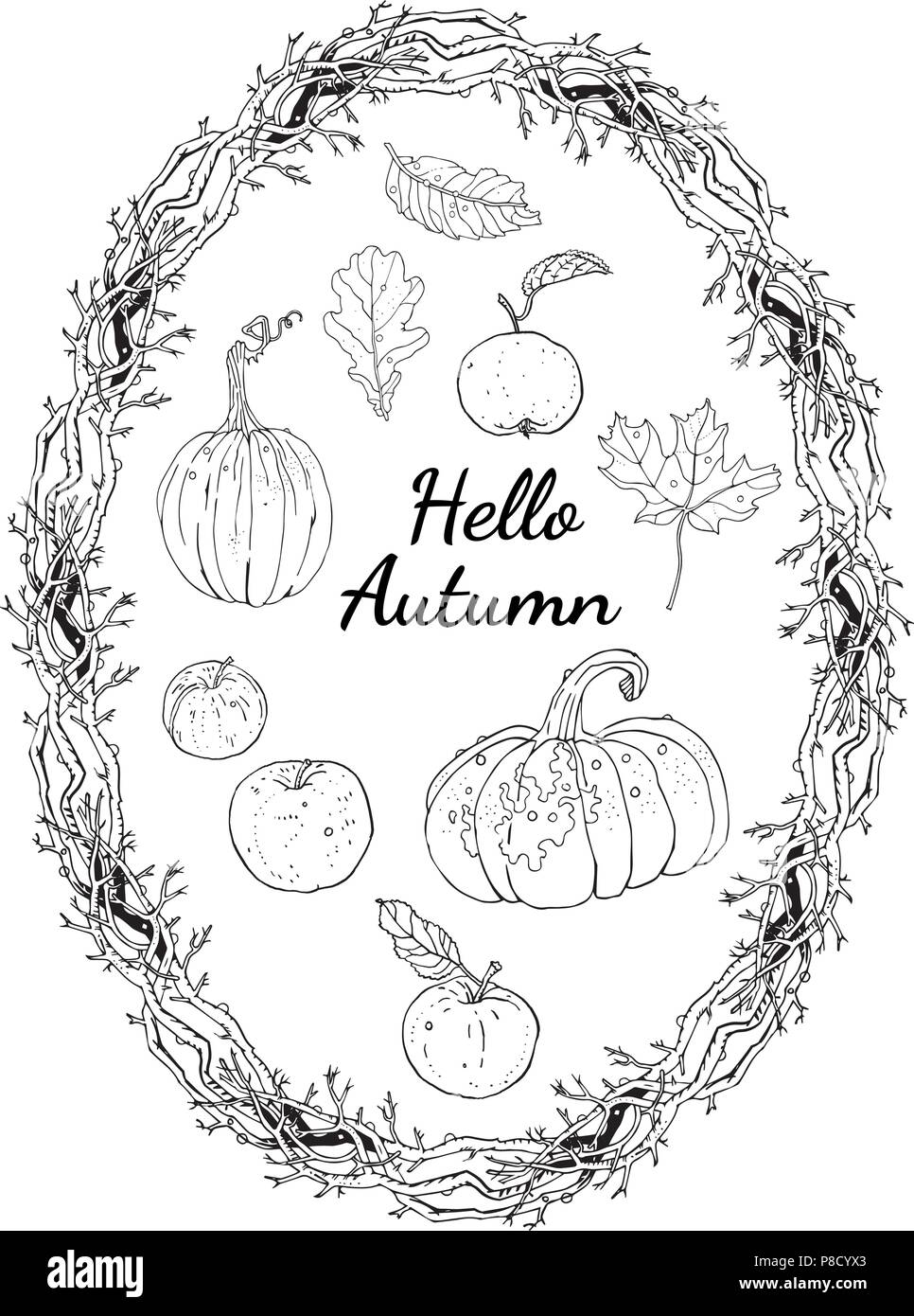 Bonjour automne set : couronne ovale frame branches, inscription, citrouilles, pommes, chute des feuilles de chêne et d'érable. La récolte saisonnière décoration, coloriage. Illustration de Vecteur