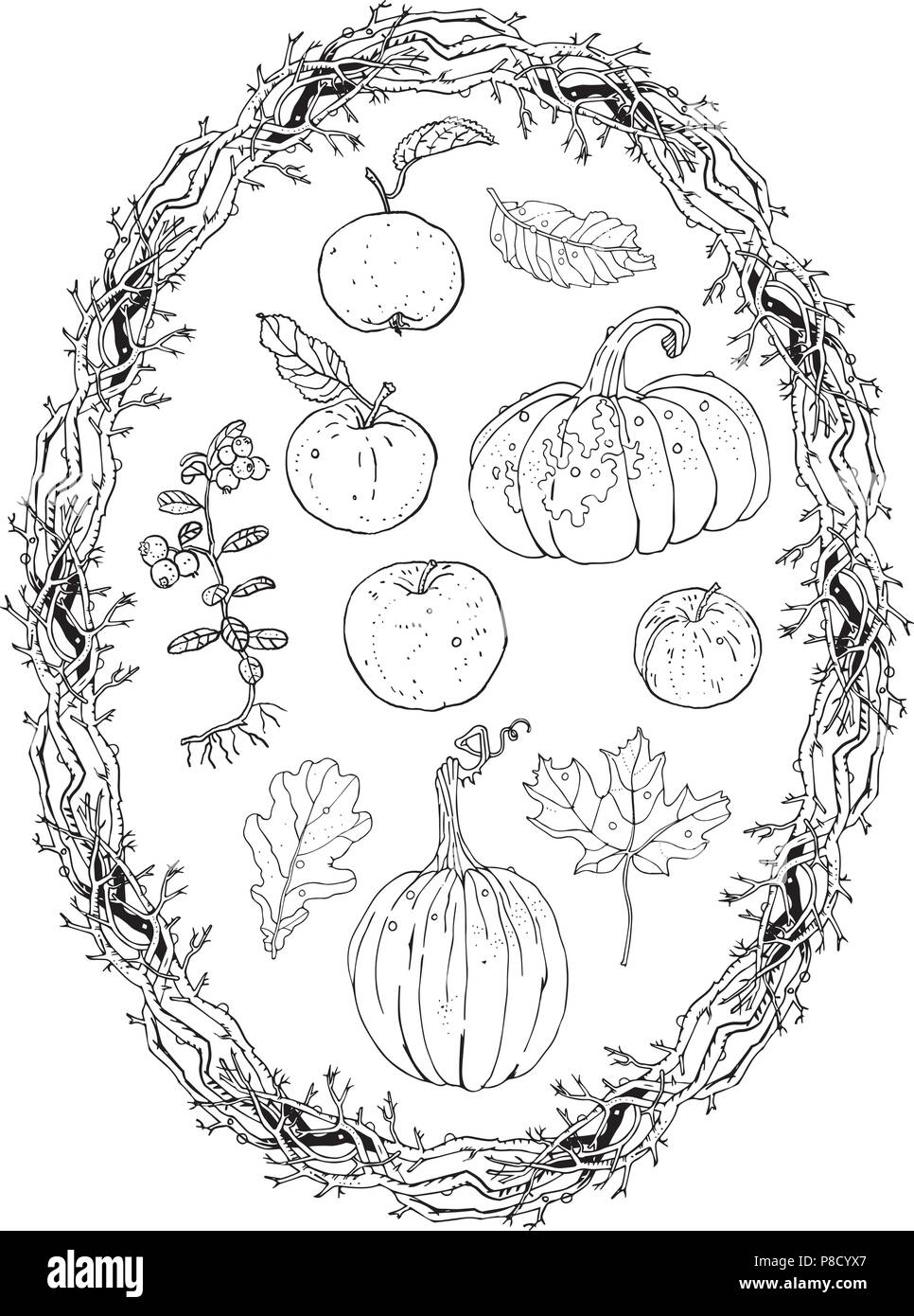 La récolte d'automne jeu clipart : couronne ovale frame branches, citrouilles, pommes, airelle rouge, chêne, érable feuilles qui tombent. Décoration saisonnière de l'automne, la coloration p Illustration de Vecteur