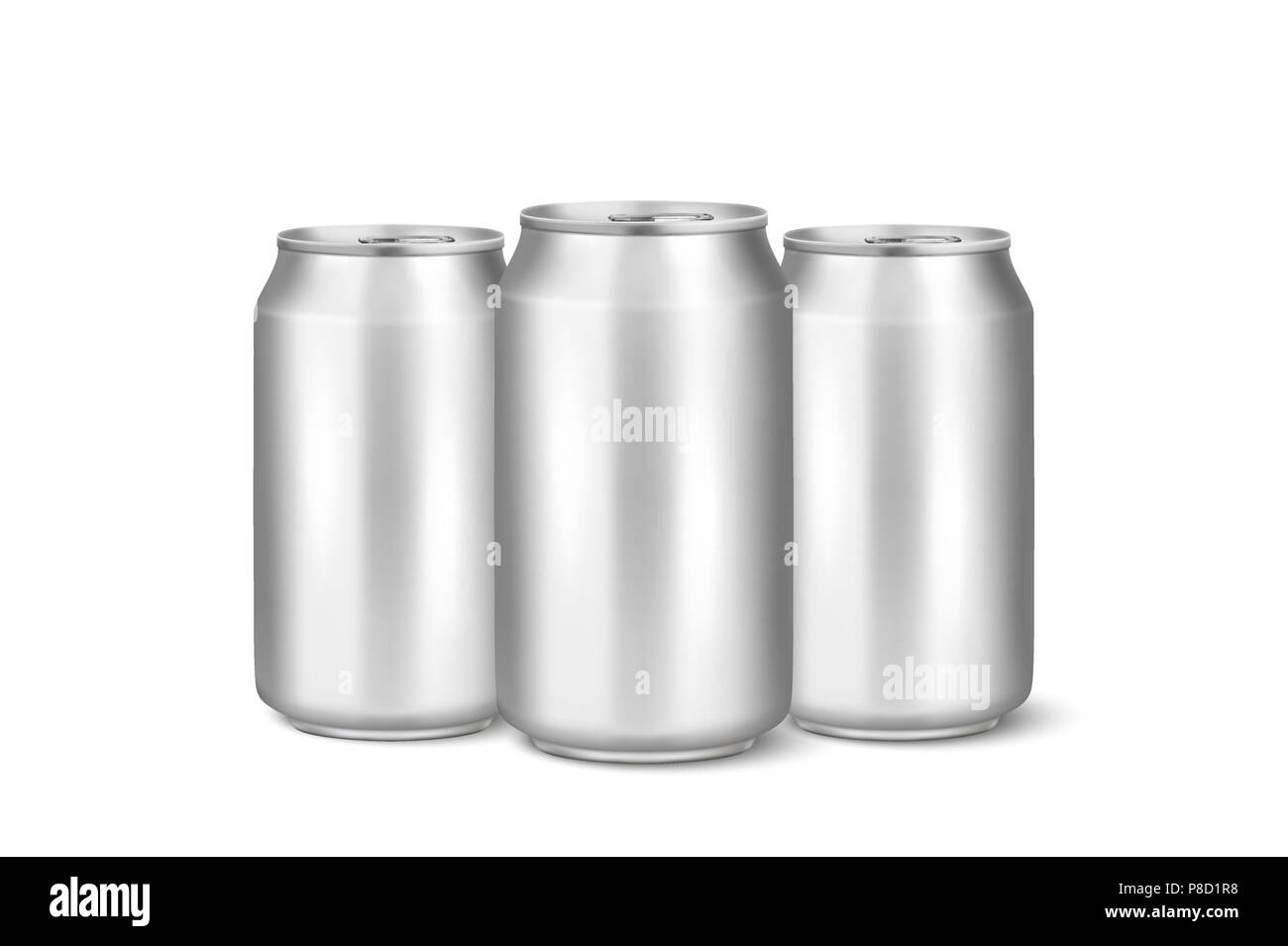 Trois vector 3D réaliste en aluminium argent métal brillant vide pack de bière ou pouvez visual 330 ml. Peut être utilisé pour l'alcool, bière, boissons gazeuses, soda pop, limonade, cola, boisson énergétique, de jus, d'eau etc. libre isolé sur fond blanc. Modèle de conception de maquette de l'emballage pour les graphiques. Vue avant Illustration de Vecteur