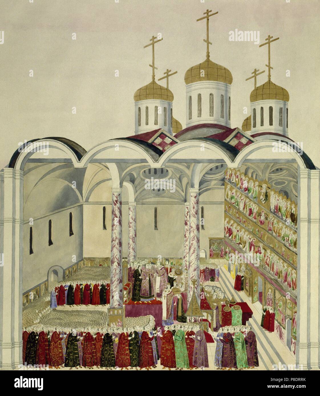 Le Couronnement du Tsar Mikhail Feodorovich (Michael J) dans le Kremlin de Moscou le 11 juillet 1613. Musée : Bibliothèque d'État de Russie, Moscou. Banque D'Images