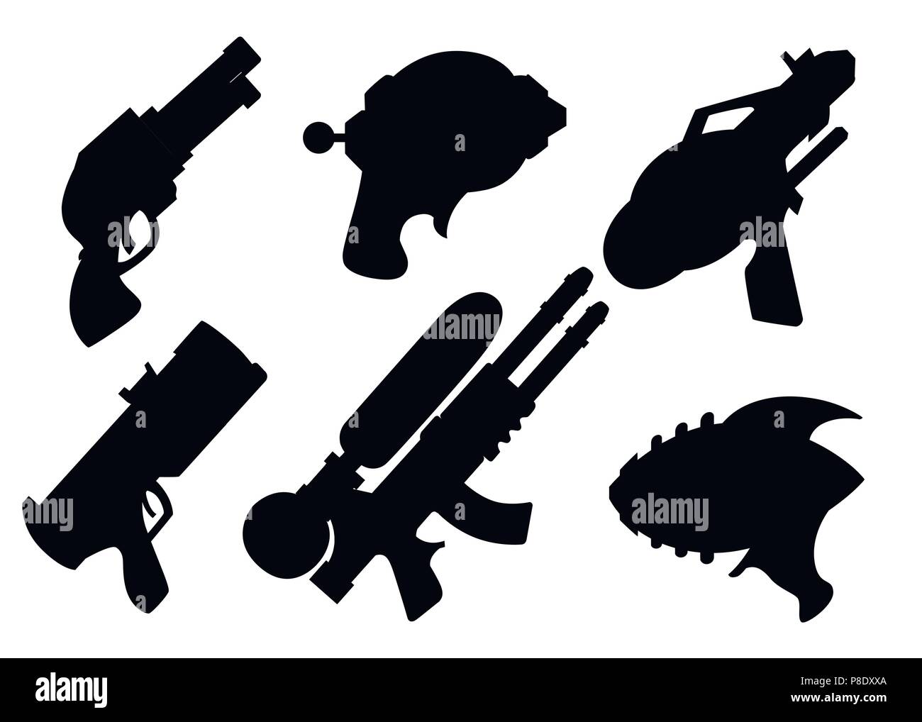 Silhouette noire. Cartoon collection d'armes à feu. Vecteur de télévision les jouets. Canons laser espace design. Vector illustration isolé sur fond blanc. Illustration de Vecteur Silhouette noire. Cartoon collection d'armes à feu. Vecteur de télévision les jouets. Canons laser espace design. Vector illustration isolé sur fond blanc. Illustration de Vecteur