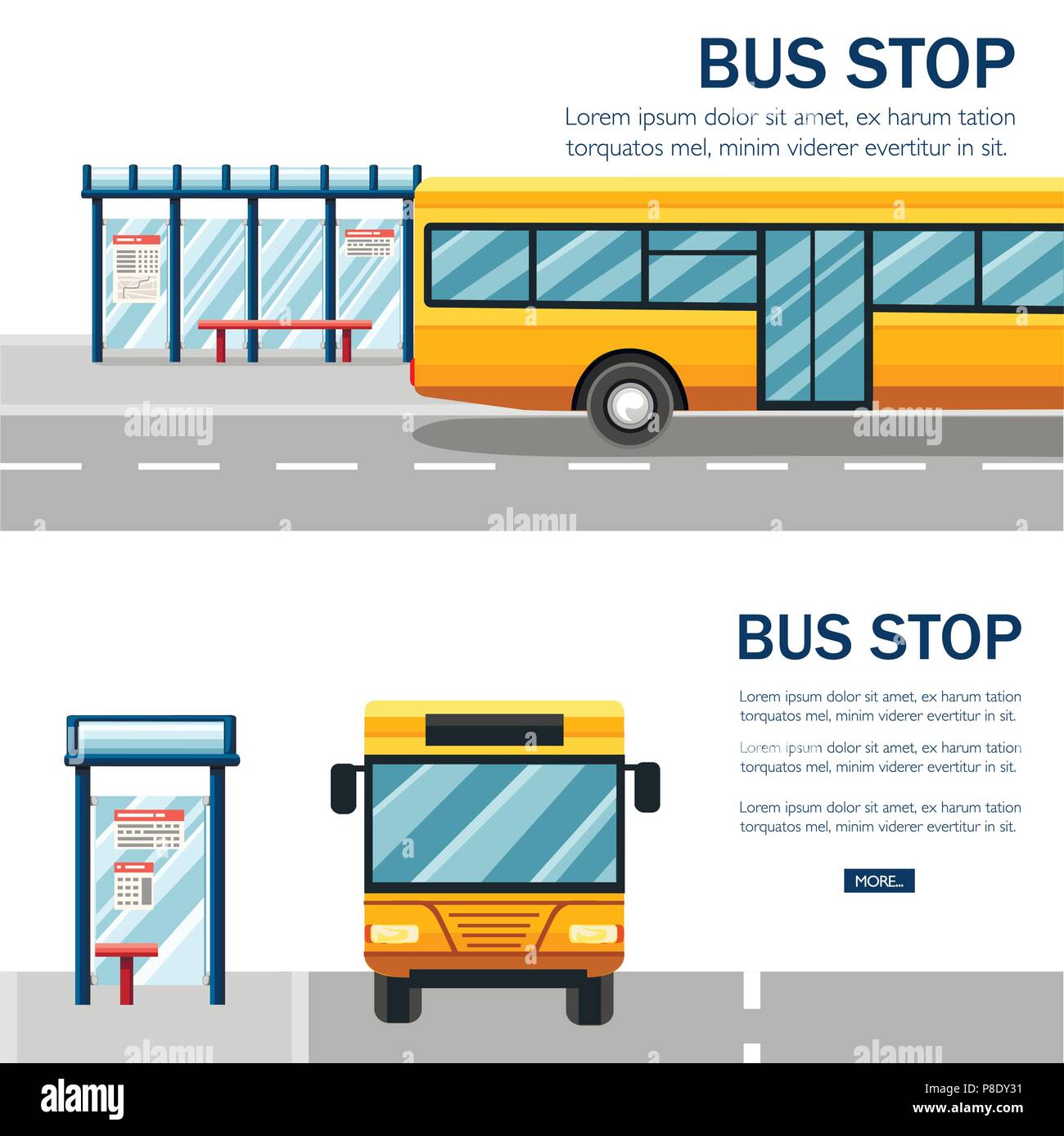 City bus jaune. Transports en illustration. Arrêt de bus et la route. Style design plat sur fond blanc. Vue avant option. Concept de transport public Illustration de Vecteur