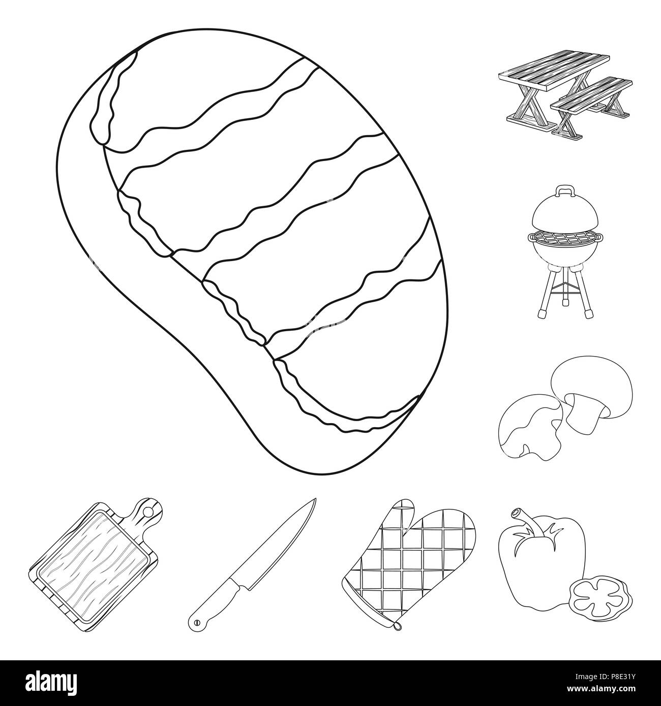 Aperçu de l'équipement de barbecue et icônes de collection set pour la conception. Pique-nique et les aliments frits symbole vecteur illustration de stock. Illustration de Vecteur