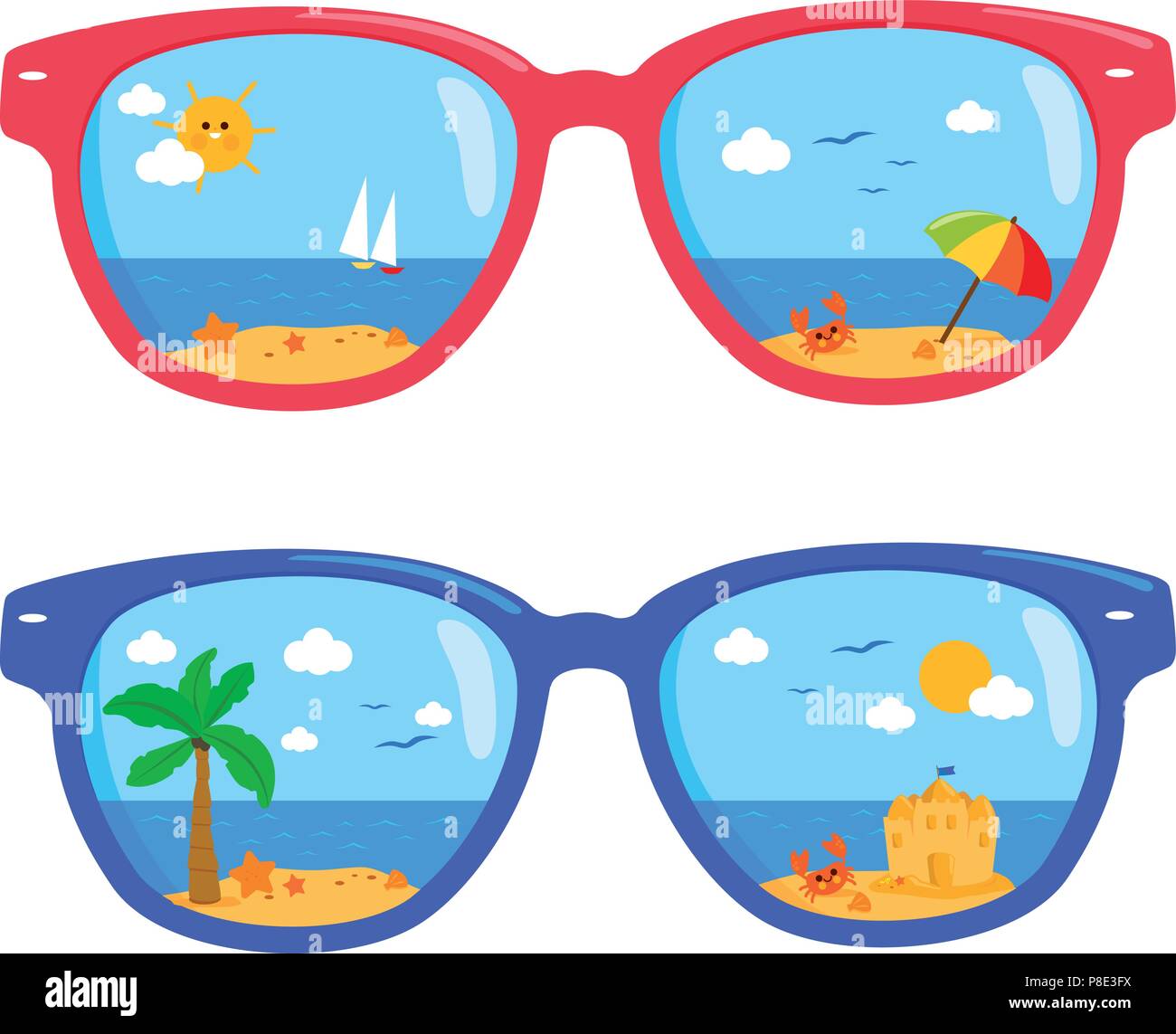 Scène de plage d'été tropical coloré dans des lunettes de soleil. Vector illustration. Illustration de Vecteur
