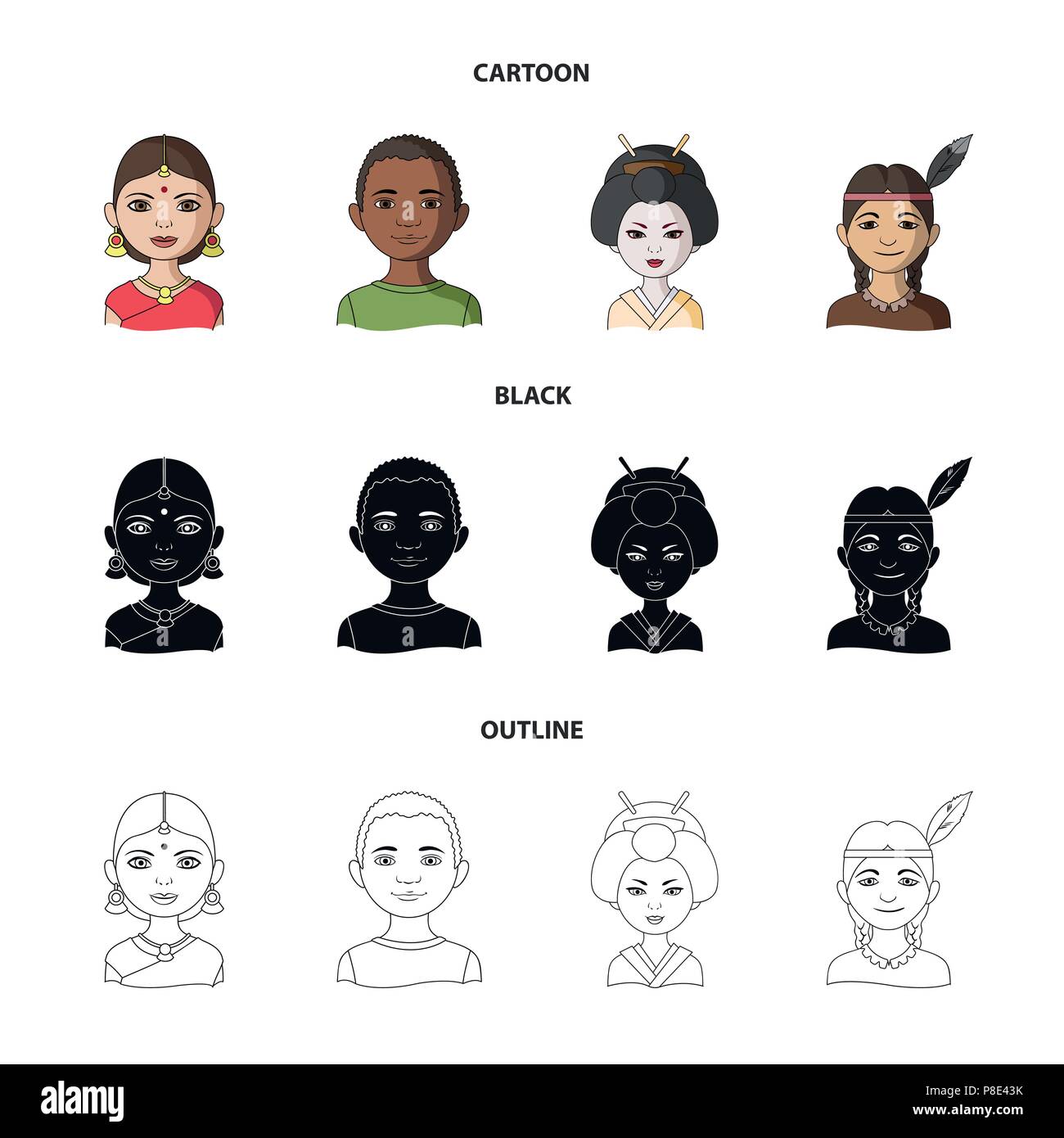 Femme indienne, africaine, japonaise, indienne. Race humaine set collection icônes de cartoon,Black,style Contour Symbole vecteur illustration de stock . Illustration de Vecteur