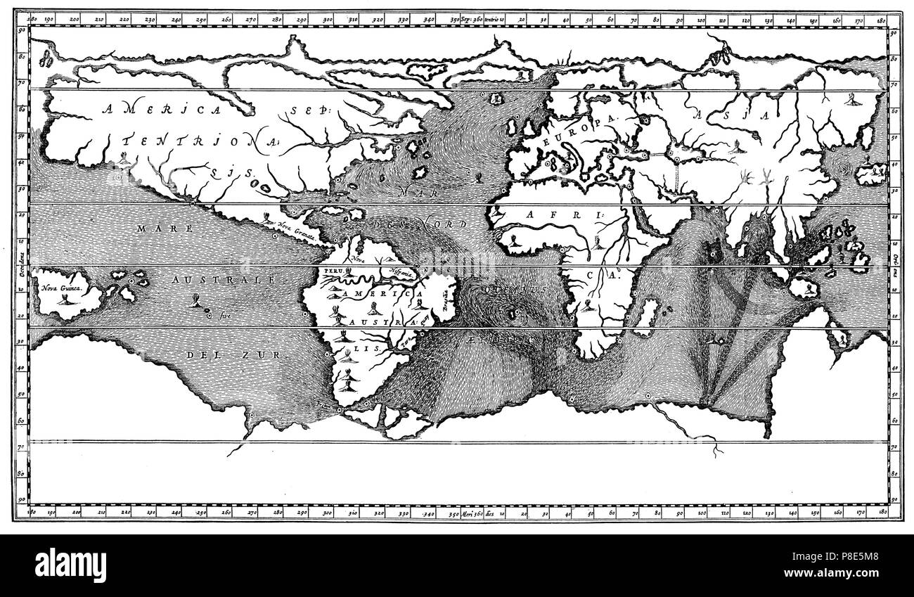 Athanasius Kircher's carte physique de la terre avec les détails des courants océaniques et les régions volcaniques. Après 'Mundus' de 1665, Micromys minutus Athanasius Kircher, 1902 Banque D'Images