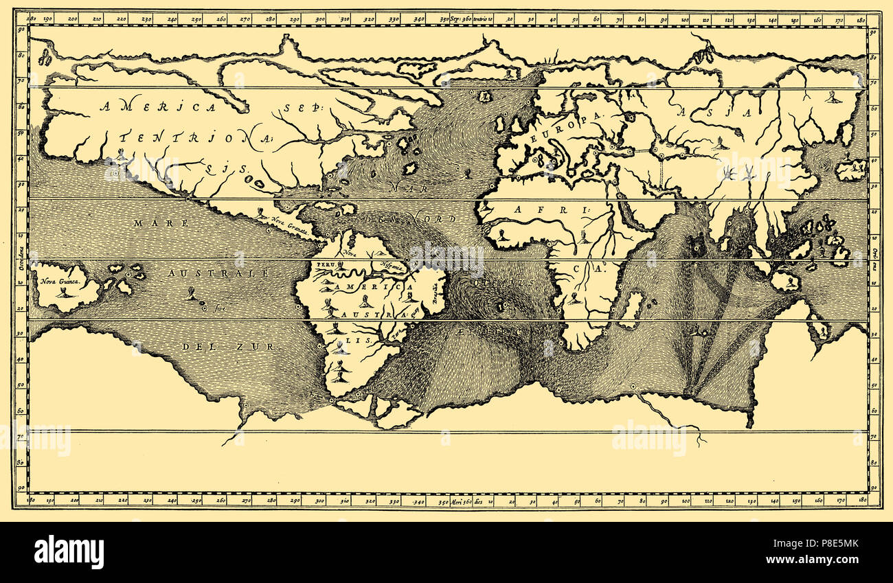 Athanasius Kircher's carte physique de la terre avec les détails des courants océaniques et les régions volcaniques. Après 'Mundus' de 1665, Micromys minutus Athanasius Kircher, 1902 Banque D'Images
