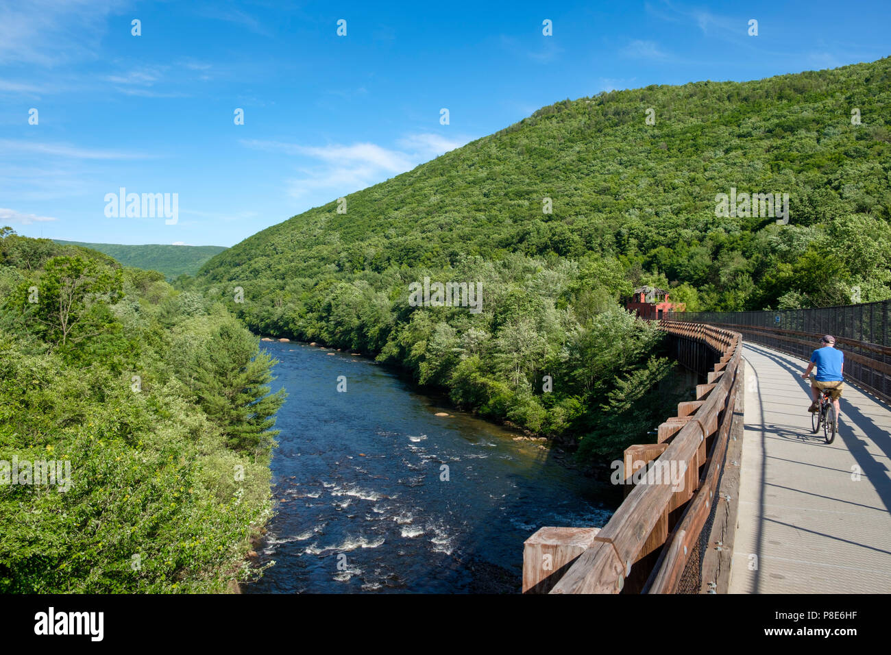 Parc national des Gorges avec Lehigh River et le cycliste sur la Gorge de Lehigh Rail Trail chemin, Poconos Mountains, près de Jim Thorpe, Pennsylvania, USA Banque D'Images