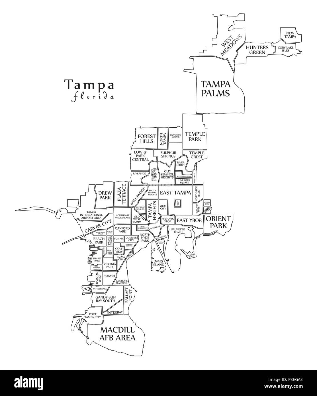 Plan de la ville moderne - Tampa Florida City de l'USA par les quartiers et les titres contour plan Illustration de Vecteur