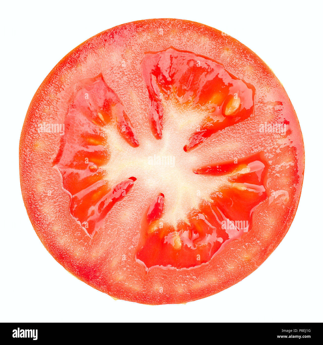 Tranche de tomate rouge, chemin de détourage, isolé sur fond blanc Banque D'Images