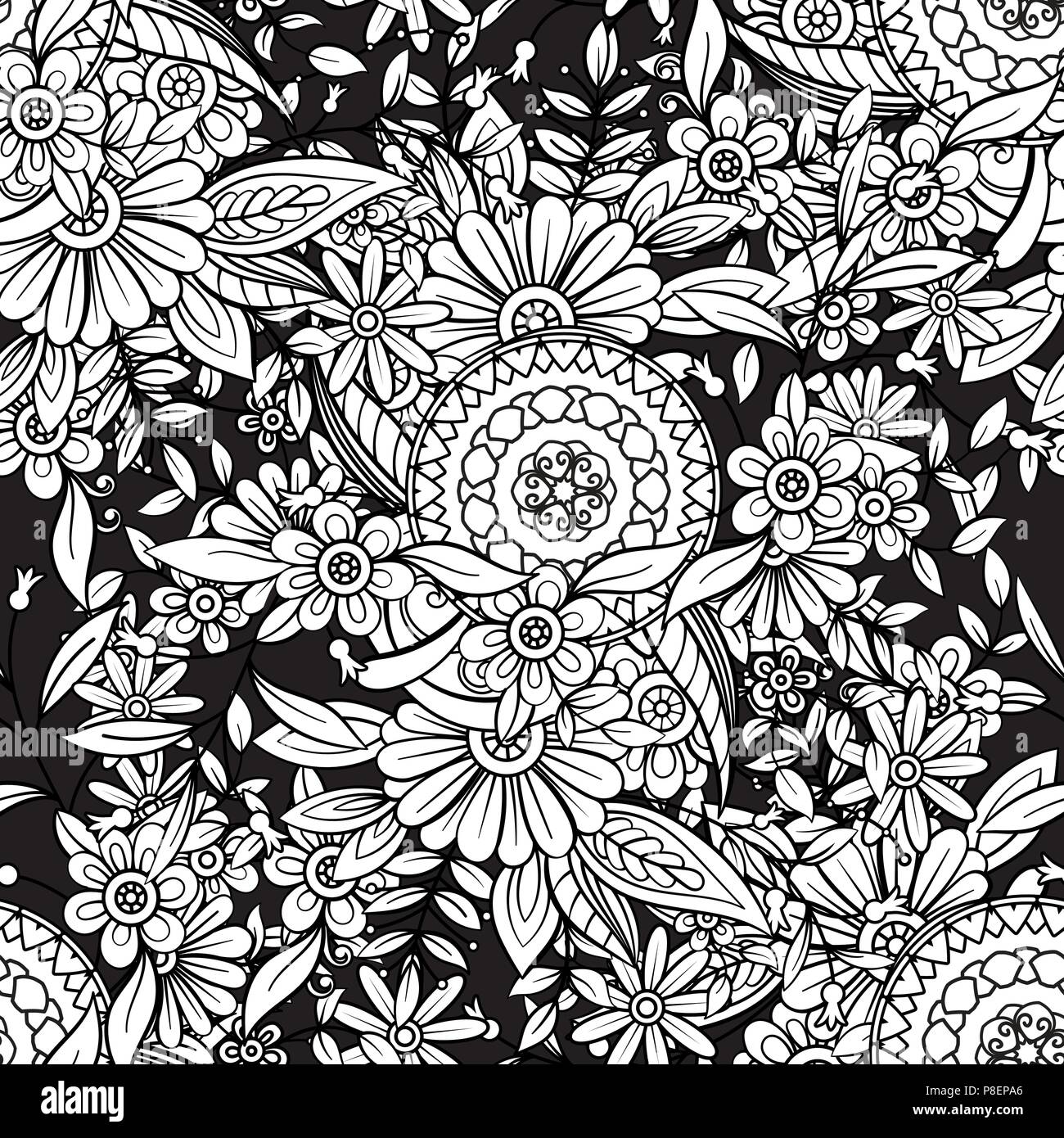 Motif Transparent Floral En Noir Et Blanc Livre De Coloriage Adultes Page Avec Des Fleurs Et Des Mandalas Hand Drawn Vector Illustration Fond Noir Image Vectorielle Stock Alamy