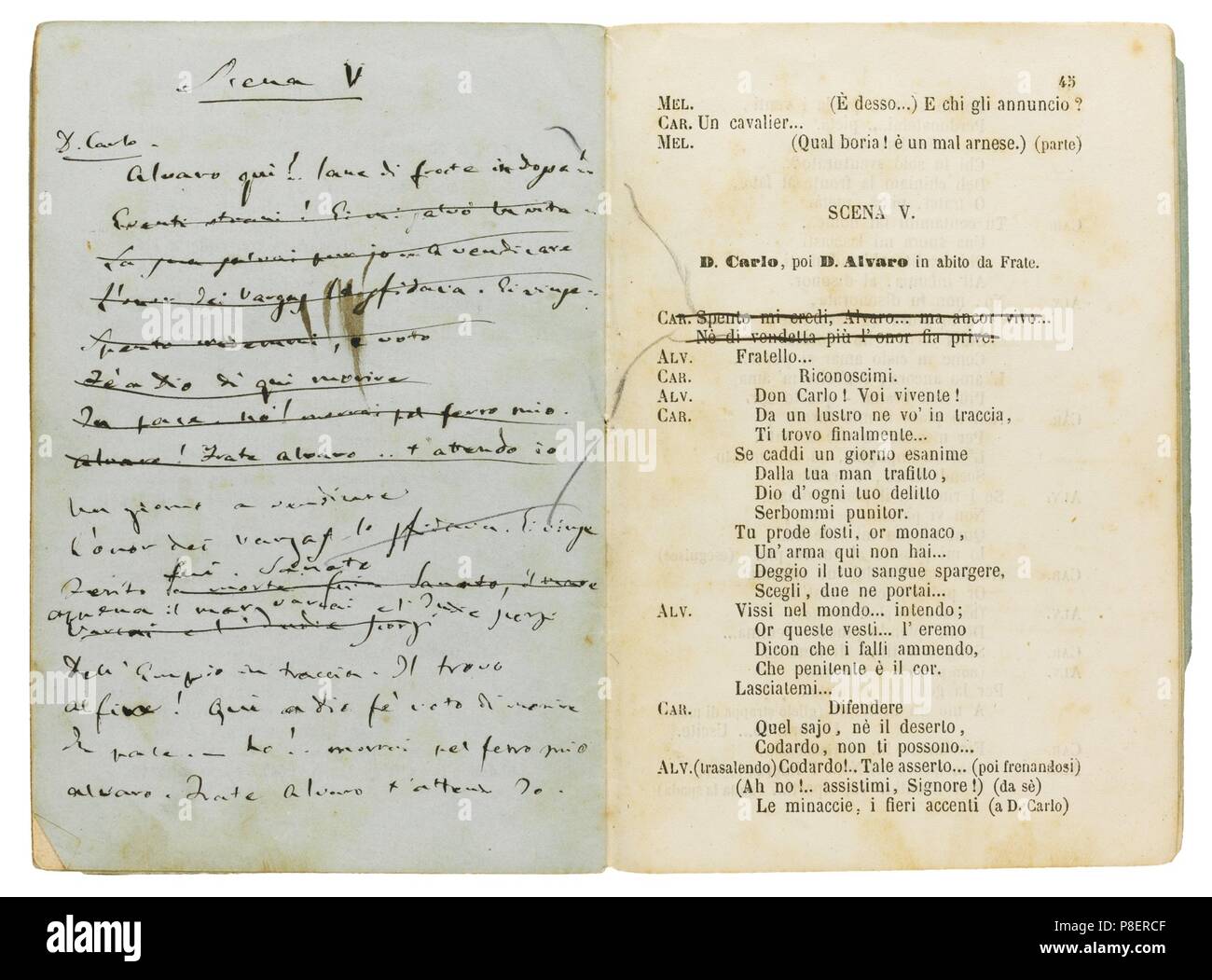 Livret de l'opéra La forza del destino par F. M. Piave, révisée par le compositeur. Musée : collection privée. Banque D'Images