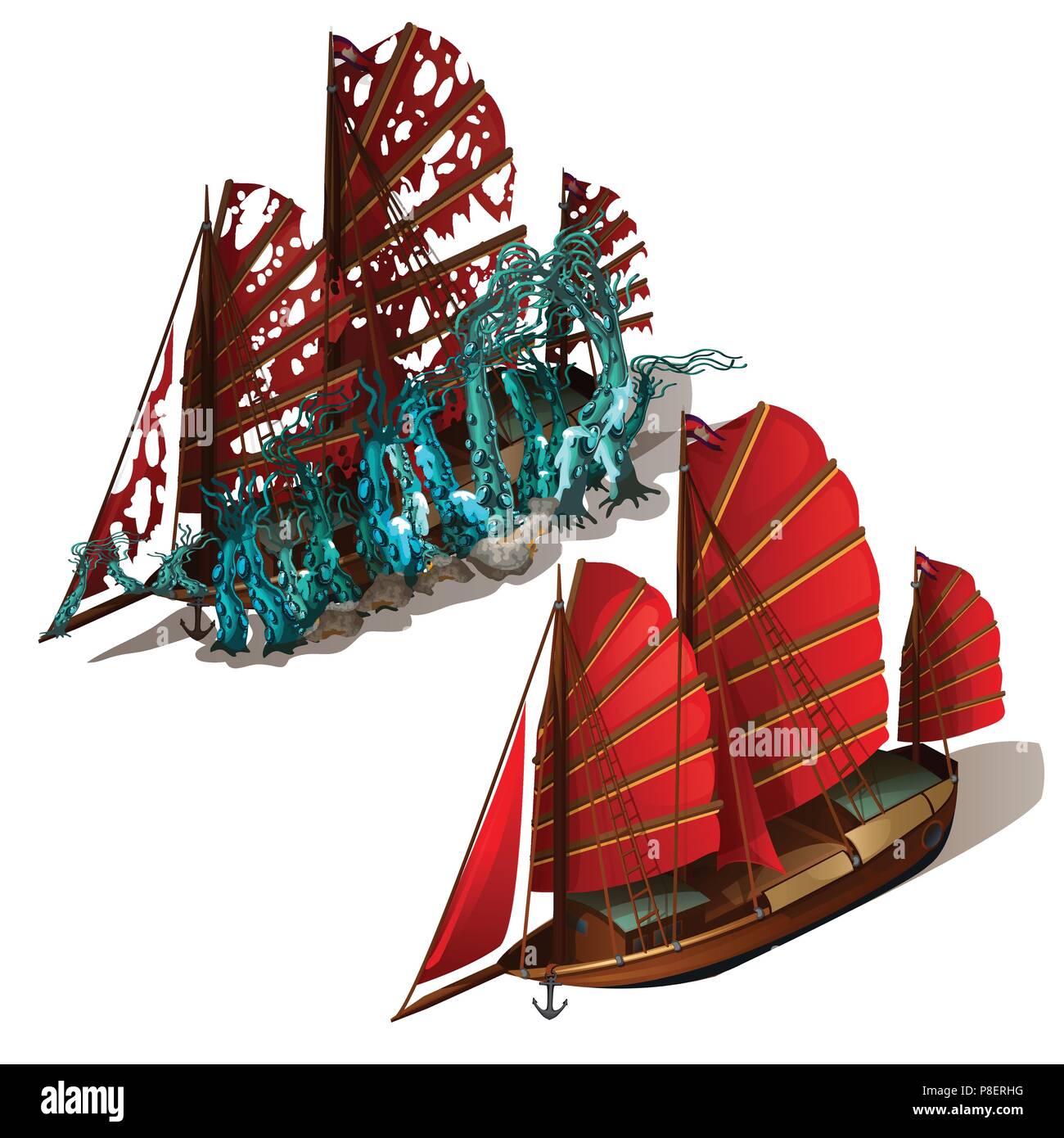 Beau vieux voilier avec voiles rouge isolé sur fond blanc Apr¨s le naufrage du navire