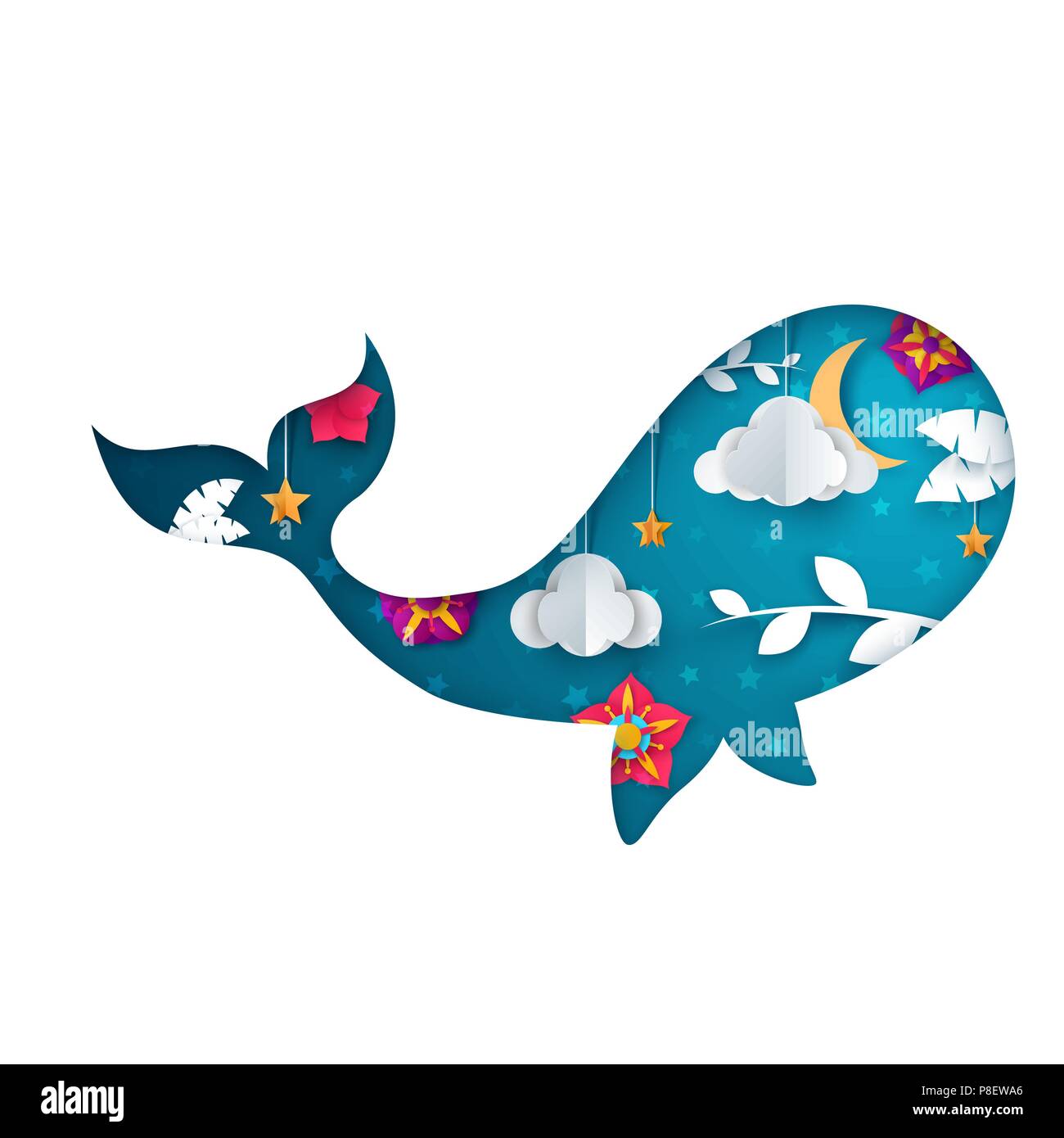 Illustration des baleines en papier. Origami dessin animé paysage. Illustration de Vecteur