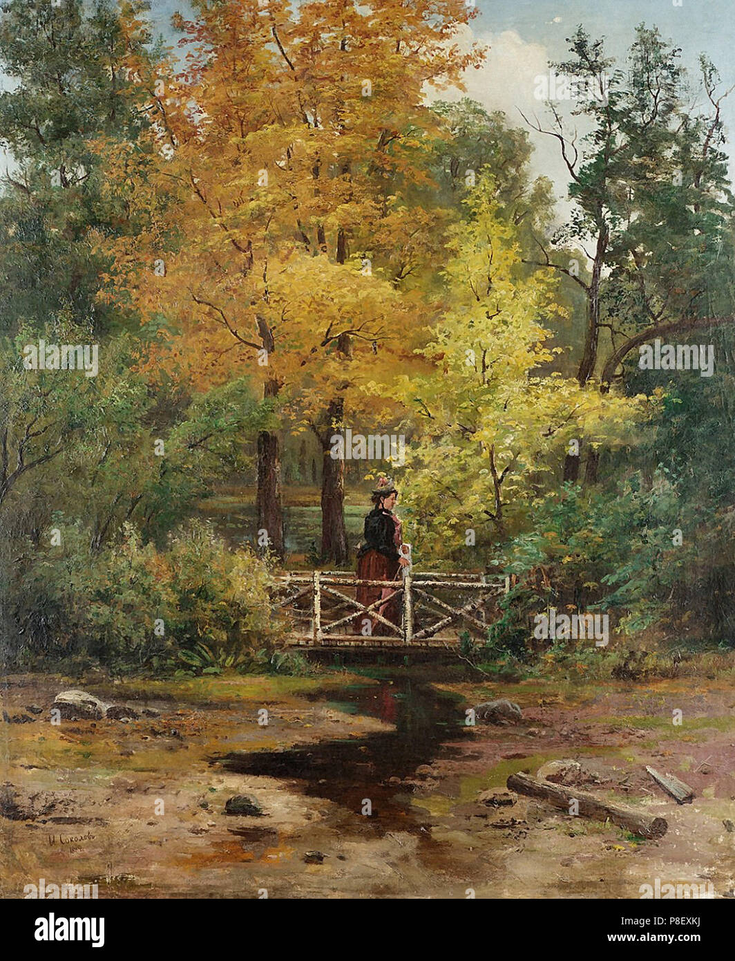 Sokolov Ivan Ivanovitch - Scène d'automne avec une dame sur le pont Banque D'Images