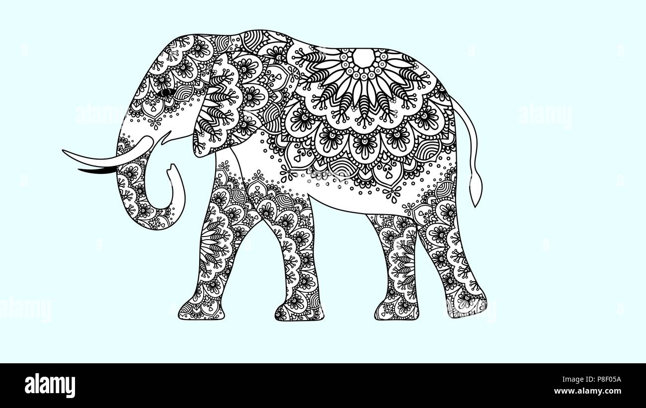 Belle indienne dans l'éléphant asiatique style zentangle ornement. razukrashka mandala éléphant Antistress Illustration de Vecteur