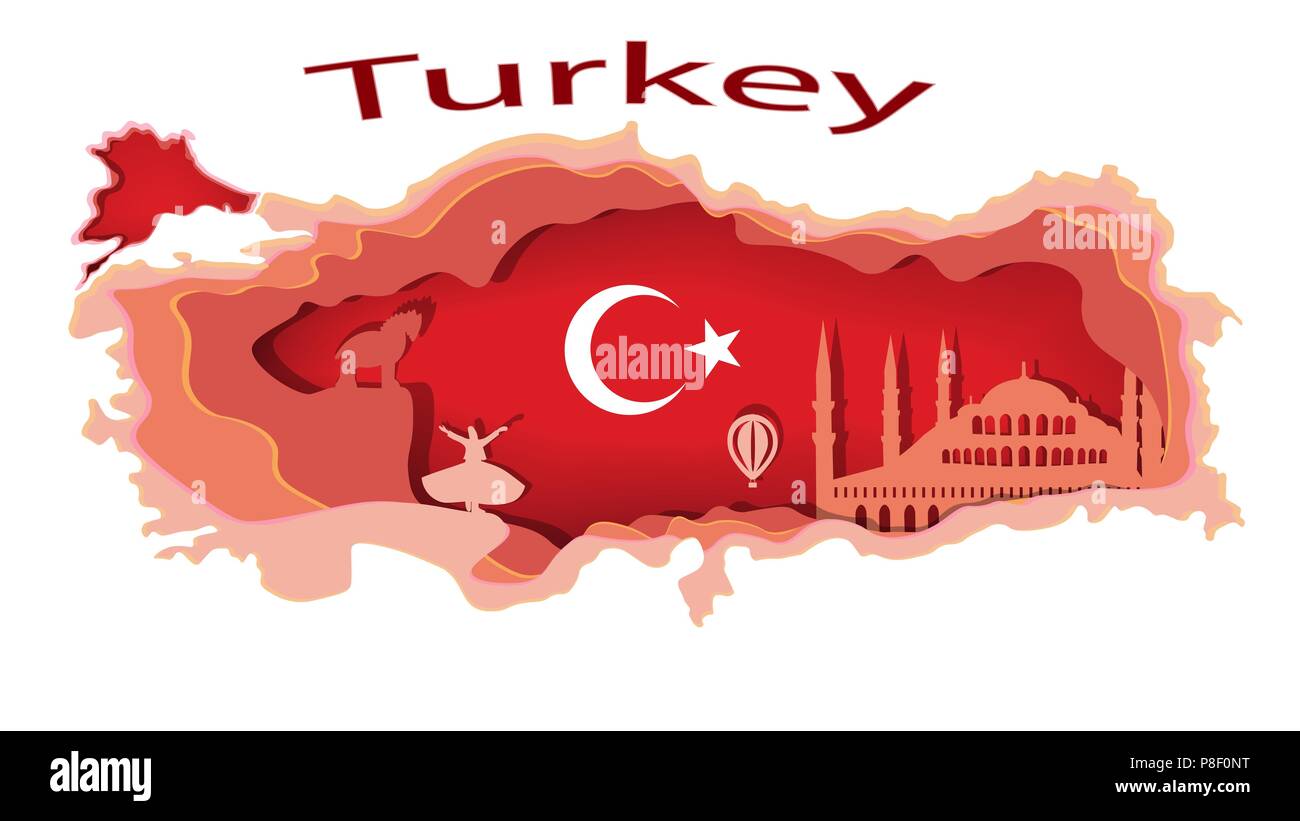 Vector illustration.La Turquie, drapeau turc, mosquée, cheval de Troie, Darwish, ballon, map, blanc, rose et rouge. Illustration de Vecteur