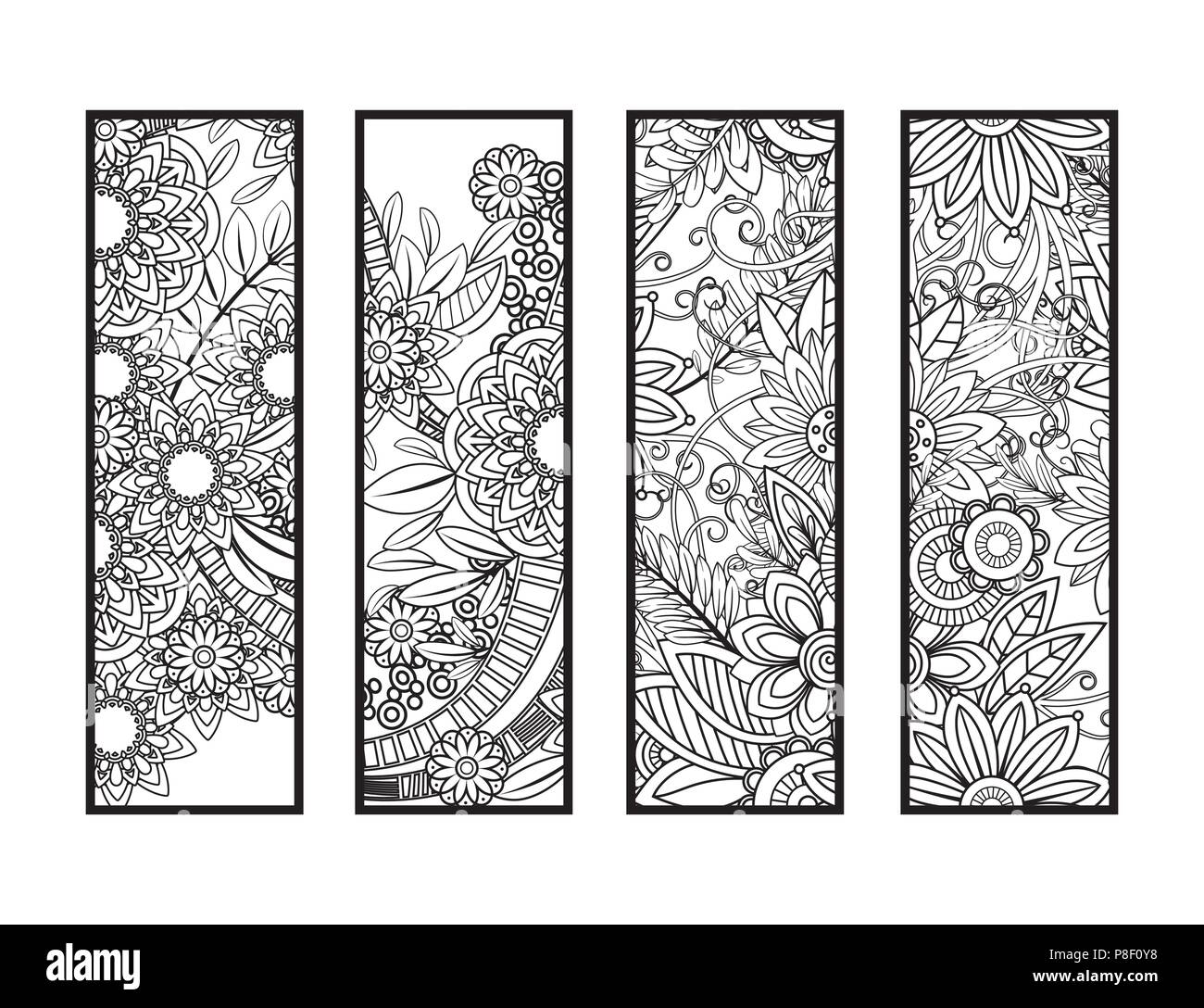 Ensemble de quatre pages en noir et blanc. Doodles fleurs et ornements pour des profils à colorier. Vector illustration. Illustration de Vecteur