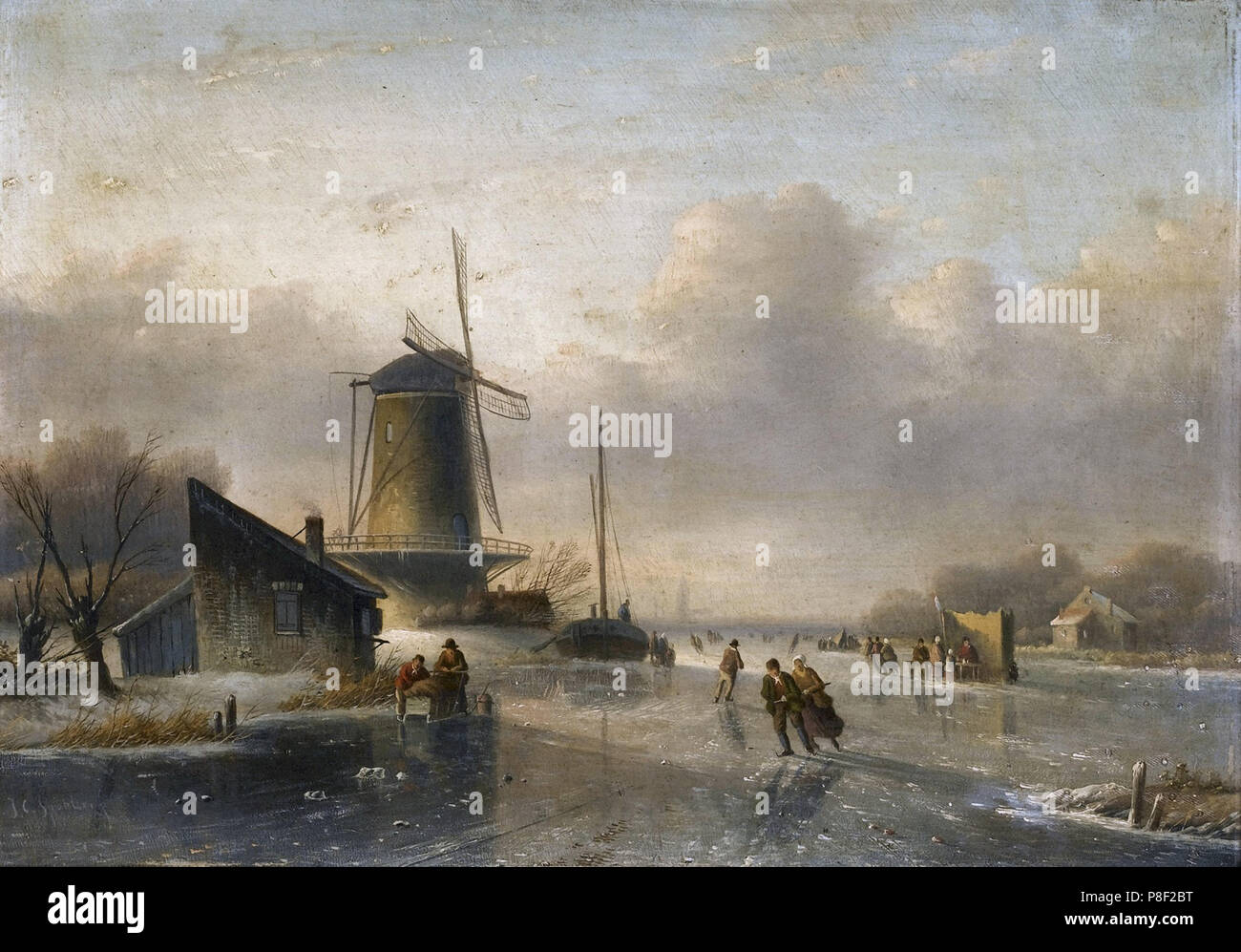 Jan Jacob Coenraad SPOHLER - Figures Patiner sur une rivière gelée 2 Banque D'Images