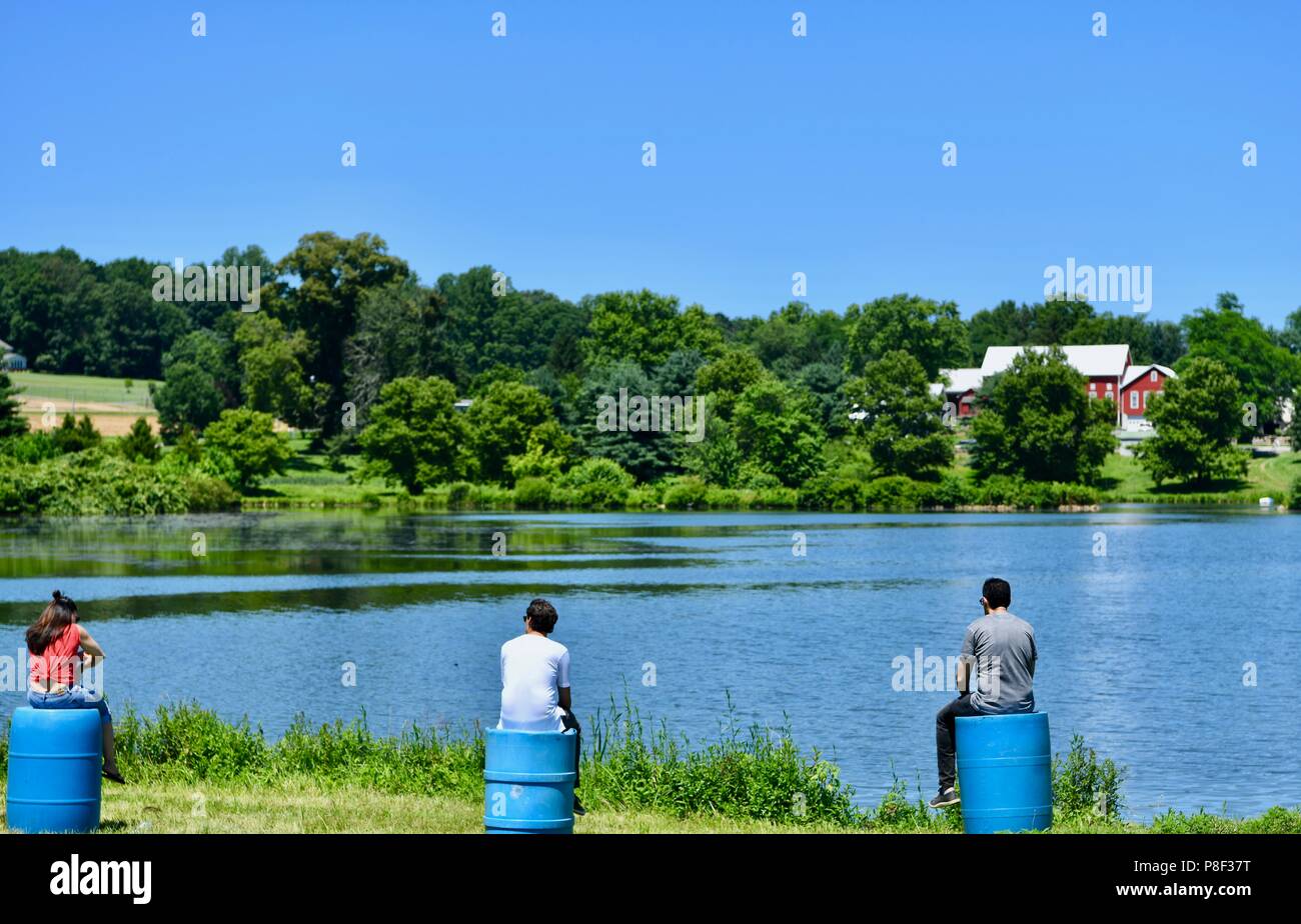 Trois amis assis sur les barils donnant sur un lac à la ferme Banque D'Images