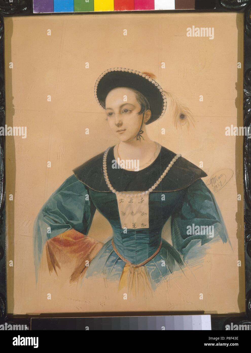 Portrait de la cantatrice Anna Stepanova (1816-1838) comme Péki dans "Le Cheval de bronze (le cheval en bronze)' par Daniel Auber. Musée : A. centrale de l'état de Musée Théâtre Bakhrouchine, Moscou. Banque D'Images