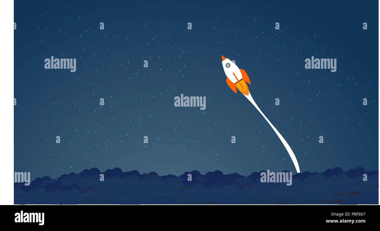 Photo de rocket volant au-dessus des nuages, bannière de démarrage d'entreprise, concept illustration style plat. Concept succes, passer le concept de limites Illustration de Vecteur