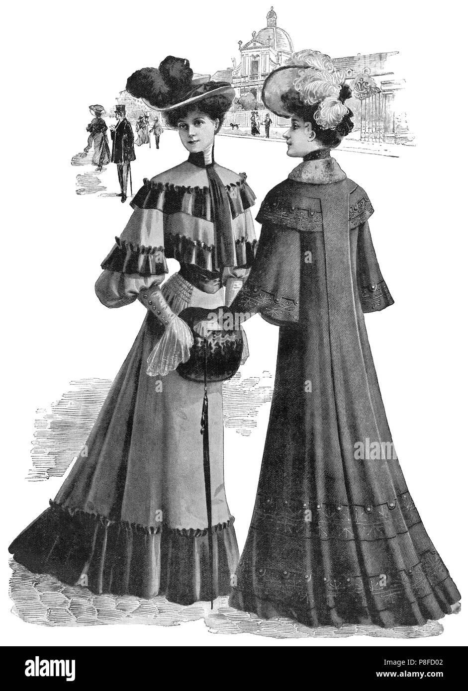 1904 vintage fashion illustration de deux dames en robes de style édouardien de jour. À partir de la Girl's Own Paper, 27 février 1904. Banque D'Images